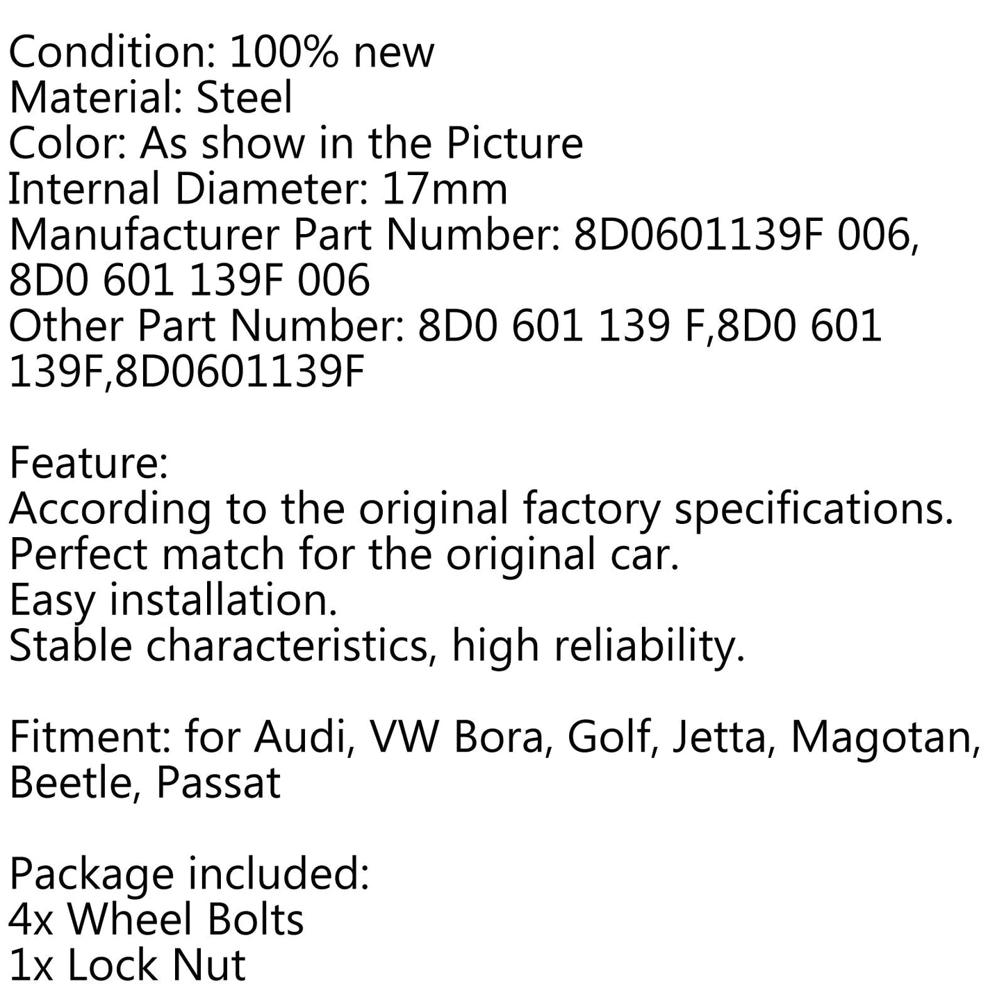 Juego de 4+1 pernos y tuercas de seguridad para ruedas de acero de 17 mm con llave para VW Golf Audi