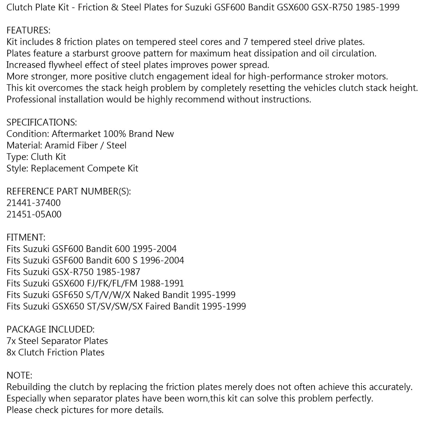 Kit de embrague de acero y placas de fricción para Suzuki GSF600 Bandit GSX-R750 85-99