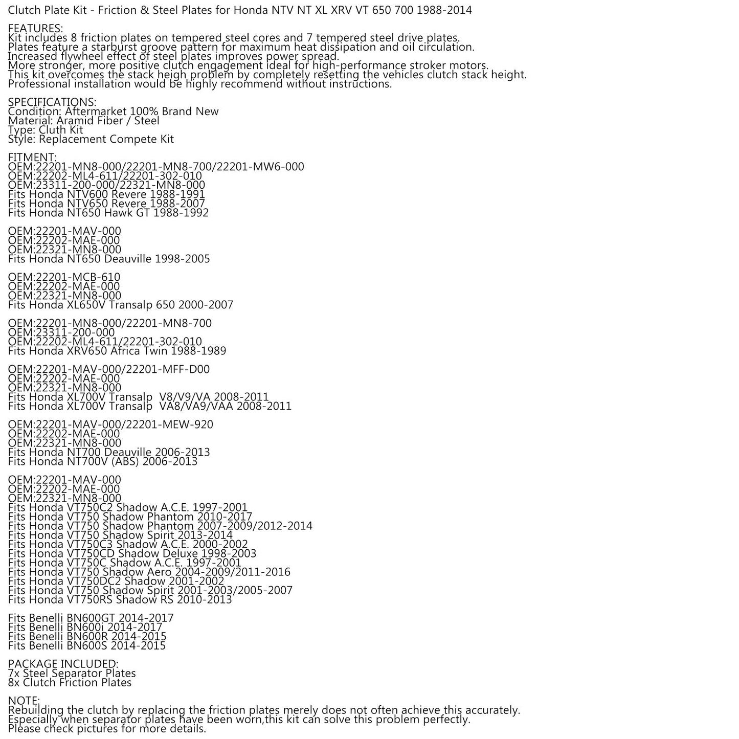 Kit de embrague de acero y discos de fricción para Honda NTV NT XL XRV VT 650 700 1988-2014