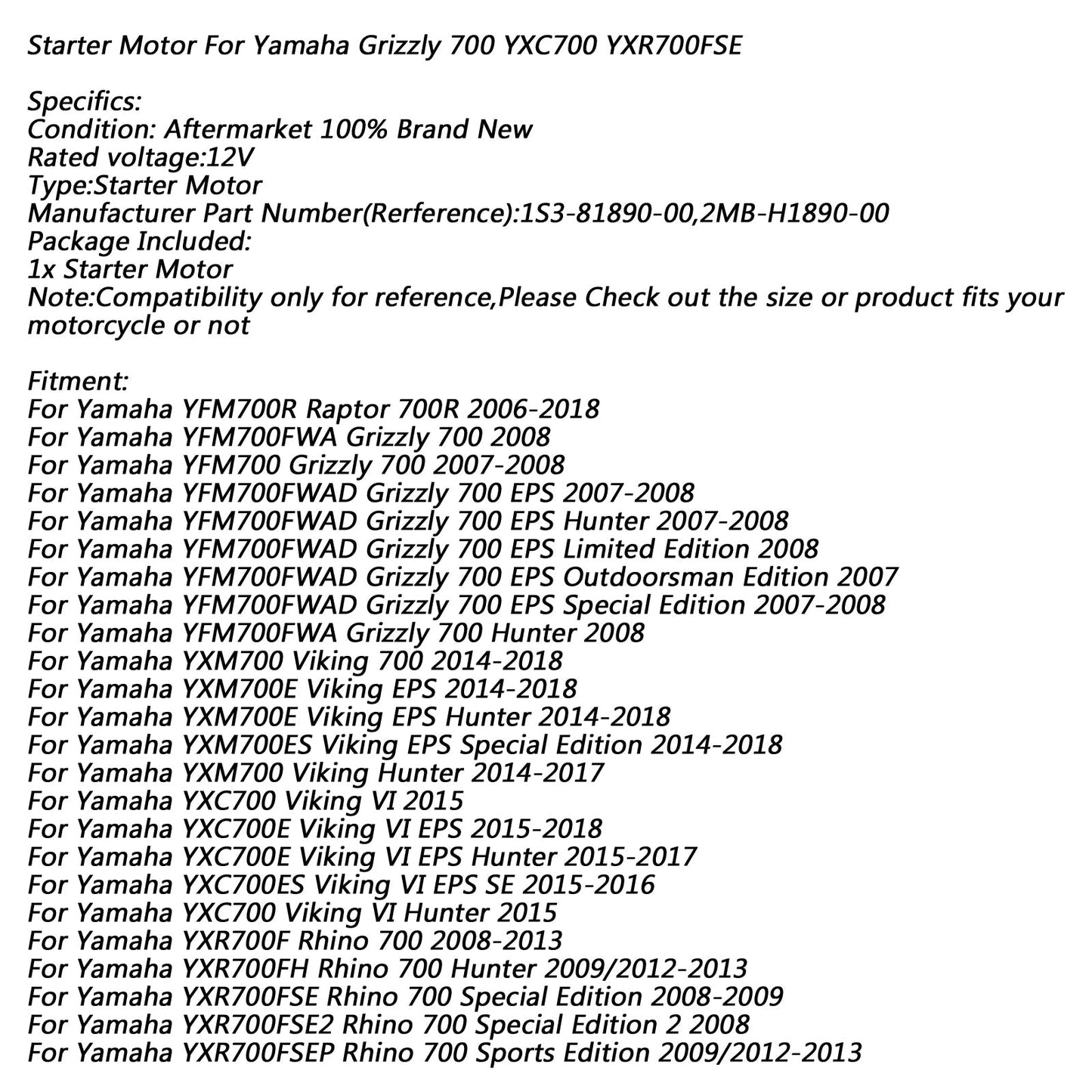 Electric Starter Motor for Yamaha YFM Raptor 700R Grizzly YXC700 YXM700 YXR700F Assosary
