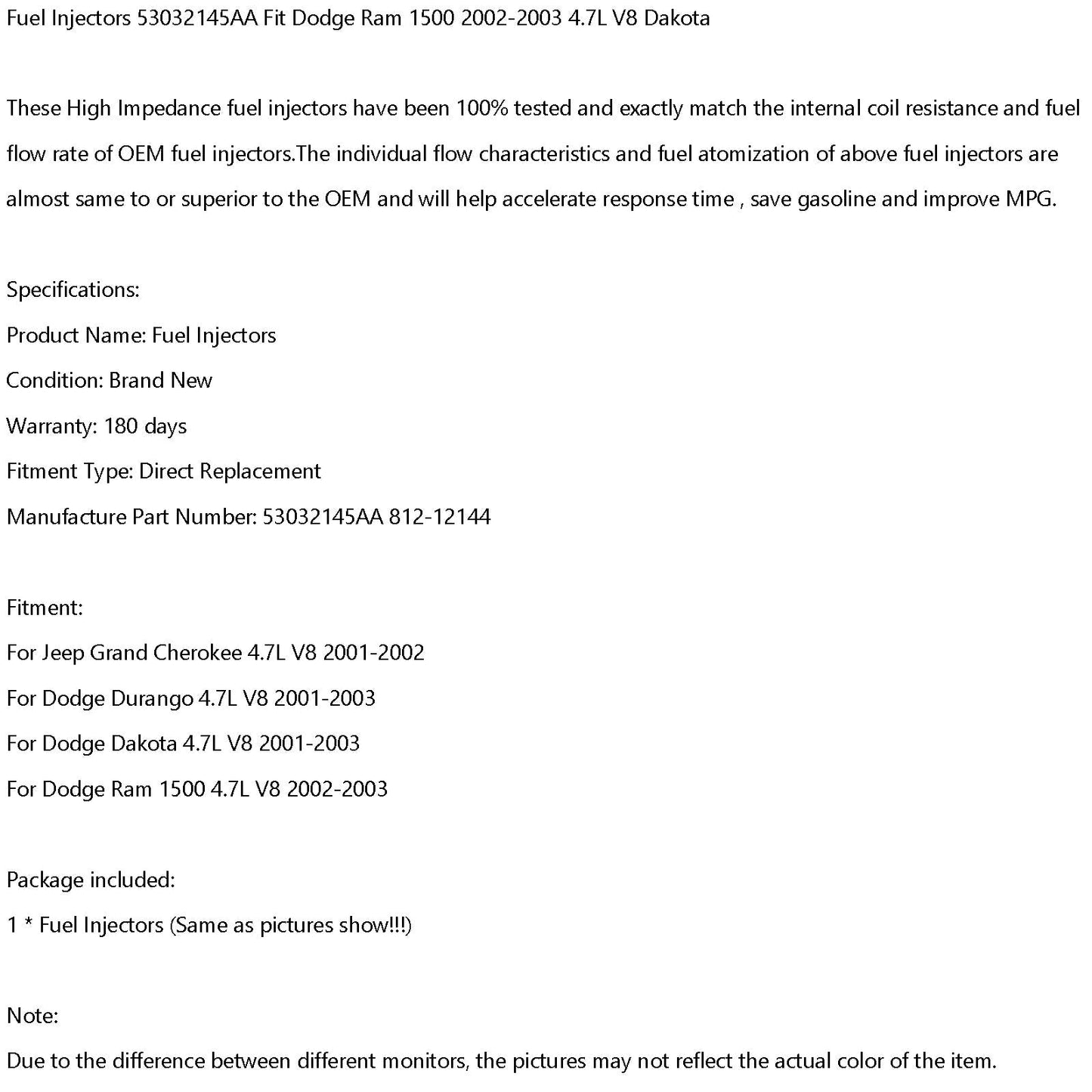 1 inyector de combustible 53032145AA compatible con Dodge Ram 1500 4.7L V8 2002-2003