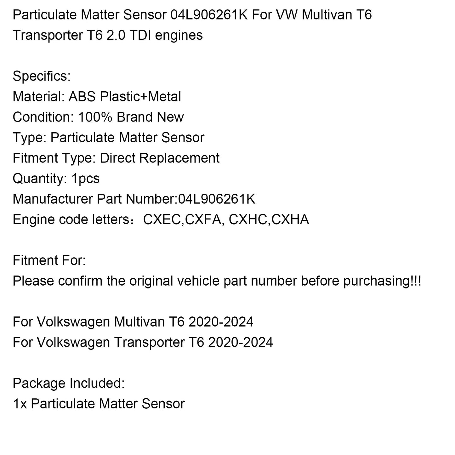 Capteur de particules 04L906261K pour moteurs VW Multivan T6 Transporter T6 2.0 TDI