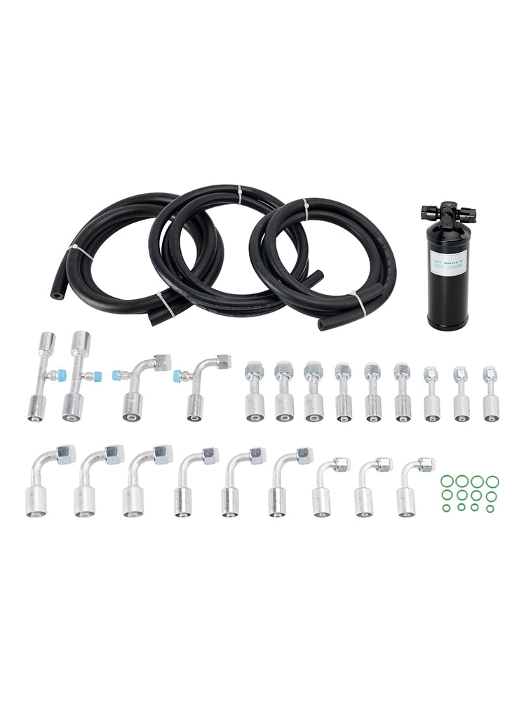 Kit de 26 mangueras y accesorios de aire acondicionado. Incluye mangueras de CA de 6,5 pies n.° 6, 8, 10, accesorios de CA n.° 6, 8, 10 y un receptor secador de CA universal.