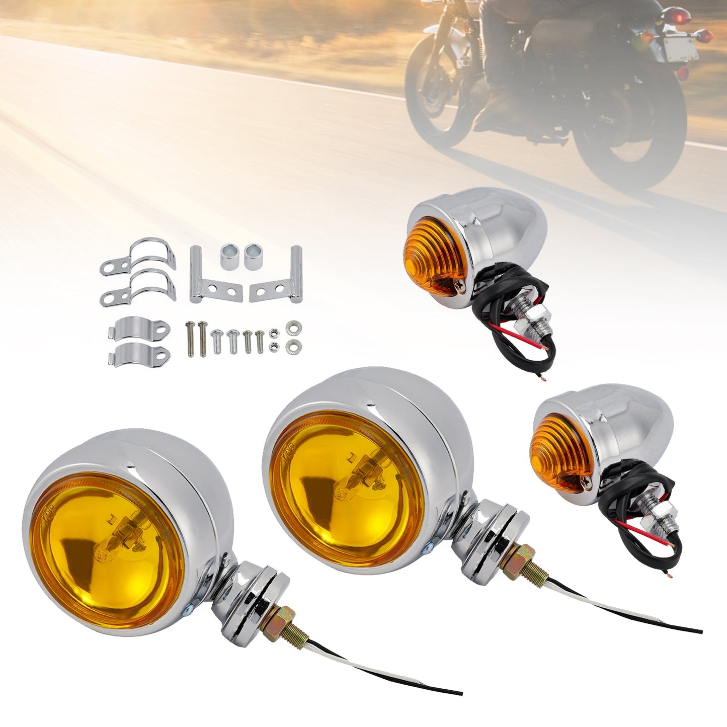 Motorcycle Beam Headlight Fog Lamp Custom Chrome Fits For Racer Bobber Chopper