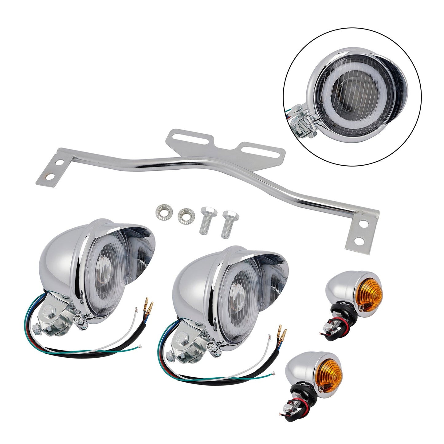 Motorcycle Beam Headlight Fog Lamp Custom Chrome Fits For Racer Bobber Chopper