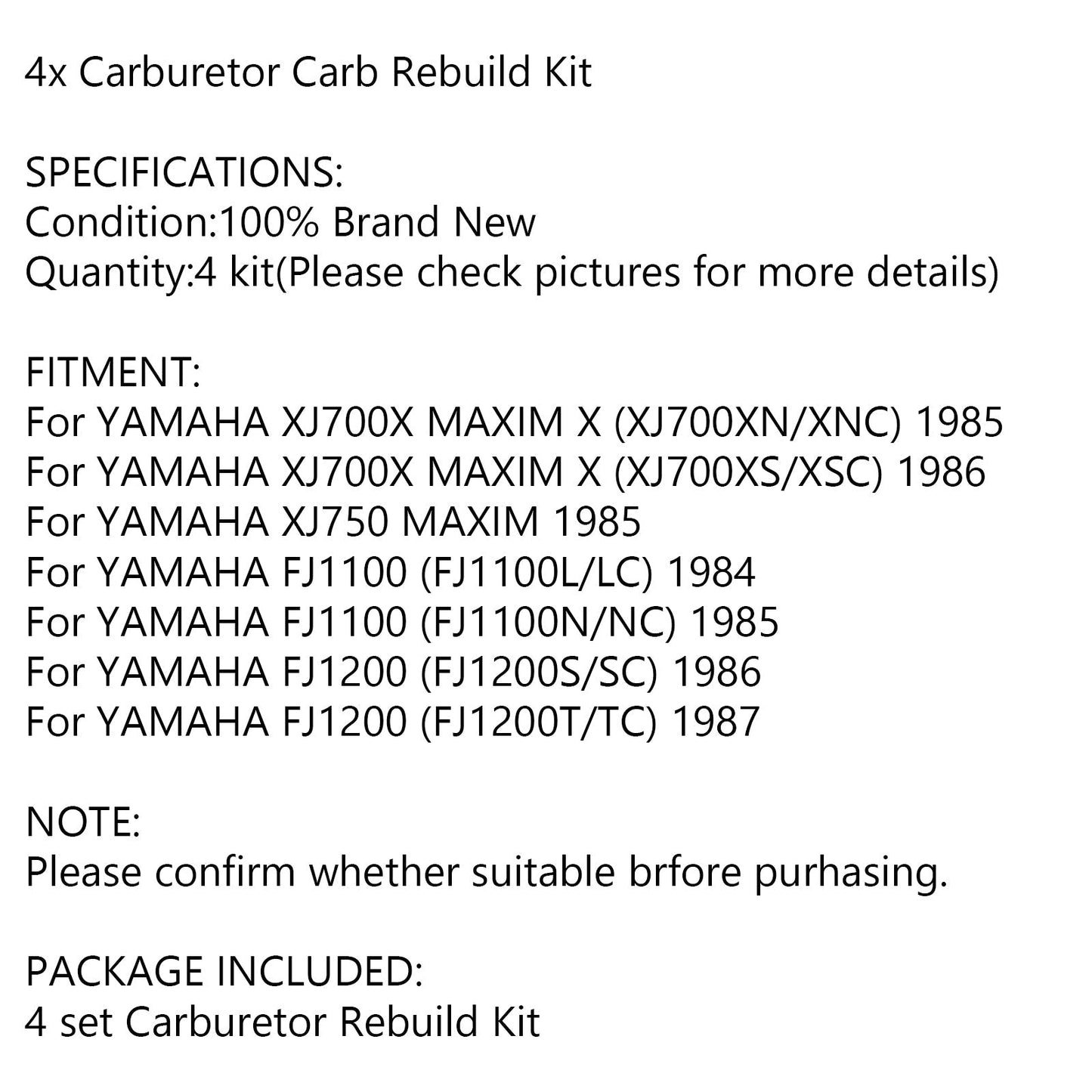 Kit de réparation de carburateur 4 sets pour Yamaha XJ700 Maxim X 700 XJ750 FJ1100 FJ1200