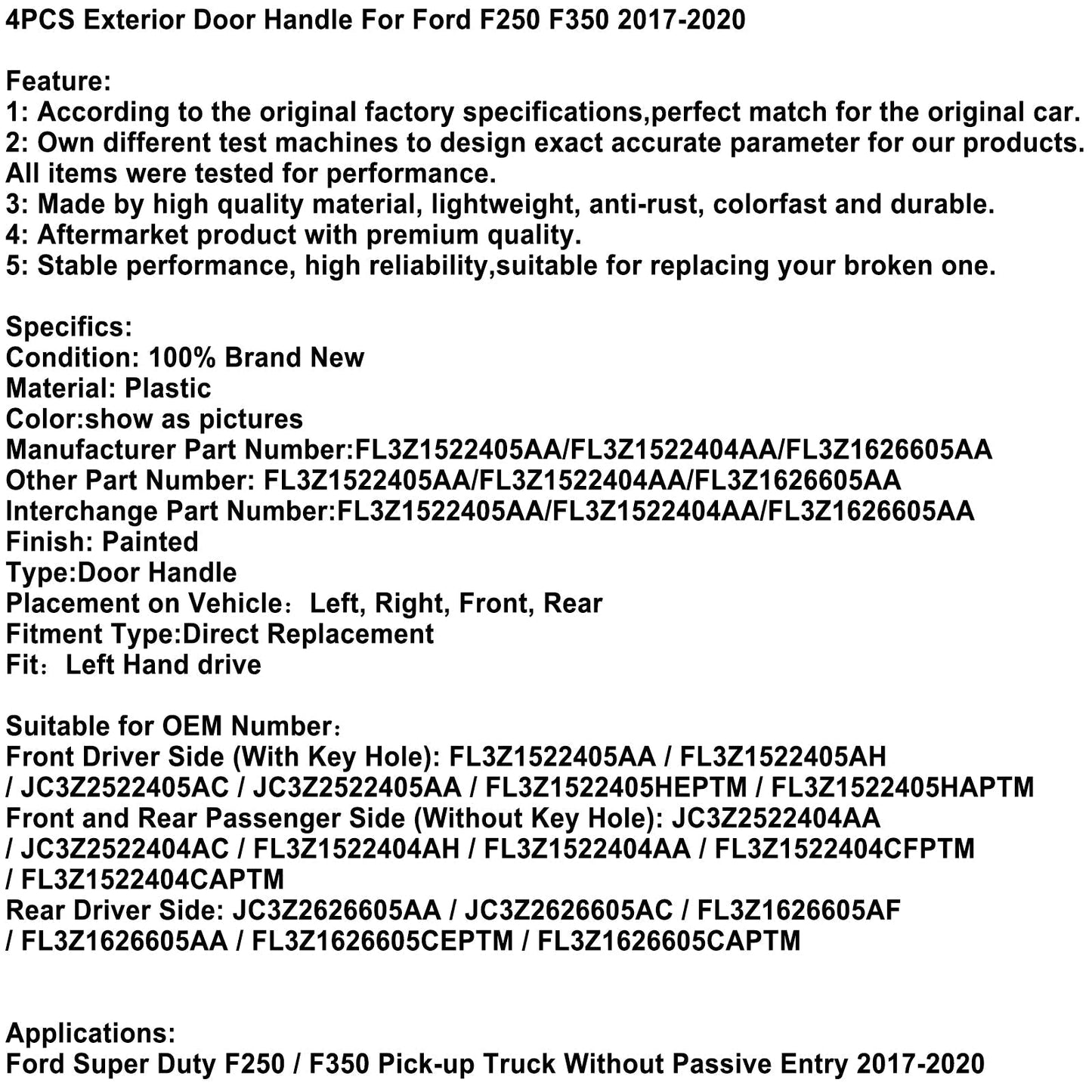 Poignées de porte extérieures 4 pièces pour pick-up Ford Super Duty F250/F350 2017-2020 FL3Z1626605AA FL3Z1522404AA