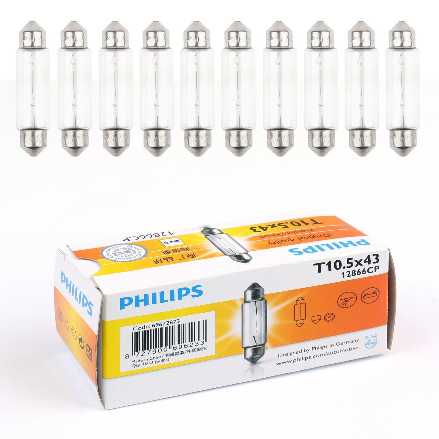 Lot de 10 ampoules de signalisation Philips 12866 12 V 10 W C10 W Fest T10,5 x 43 SV8,5 de qualité supérieure