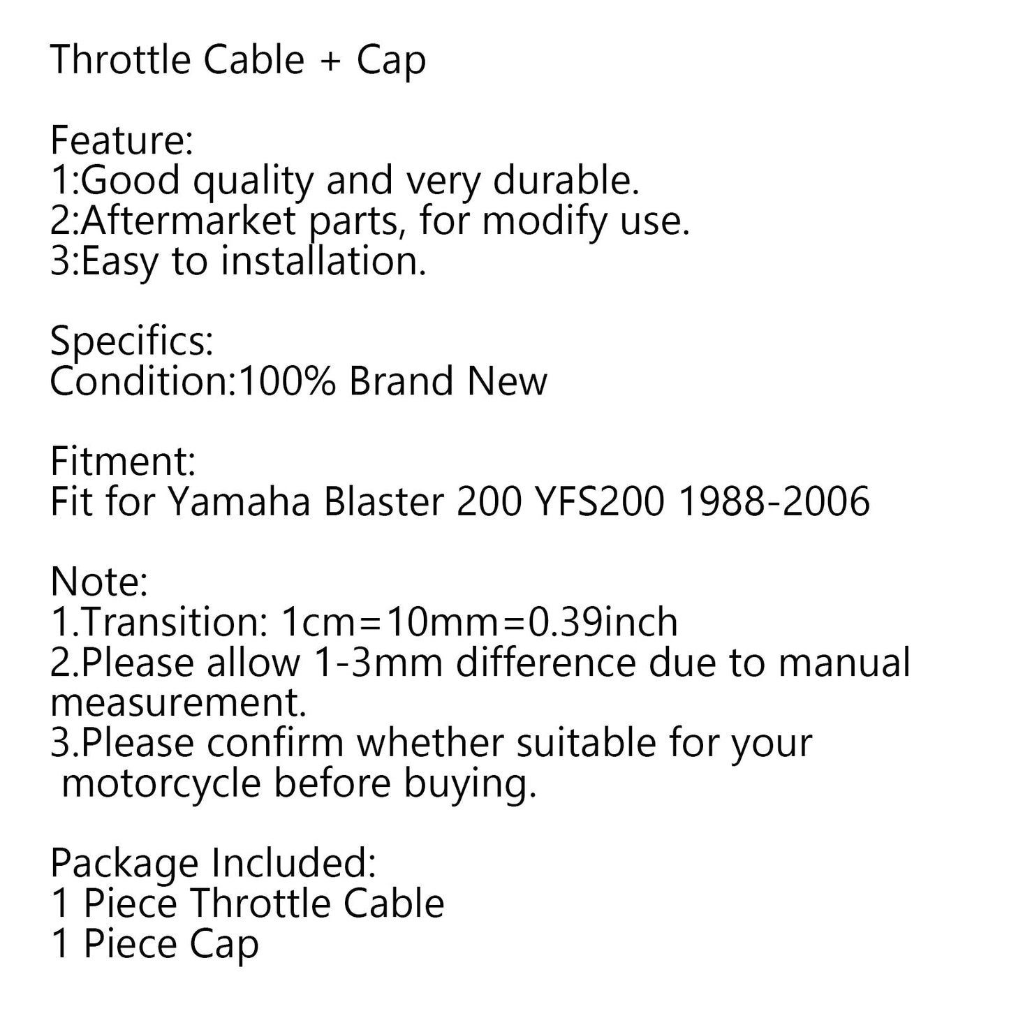 Câble d'accélérateur Yamaha + capuchon pour Yamaha Blaster 200 YFS200 1988-2006