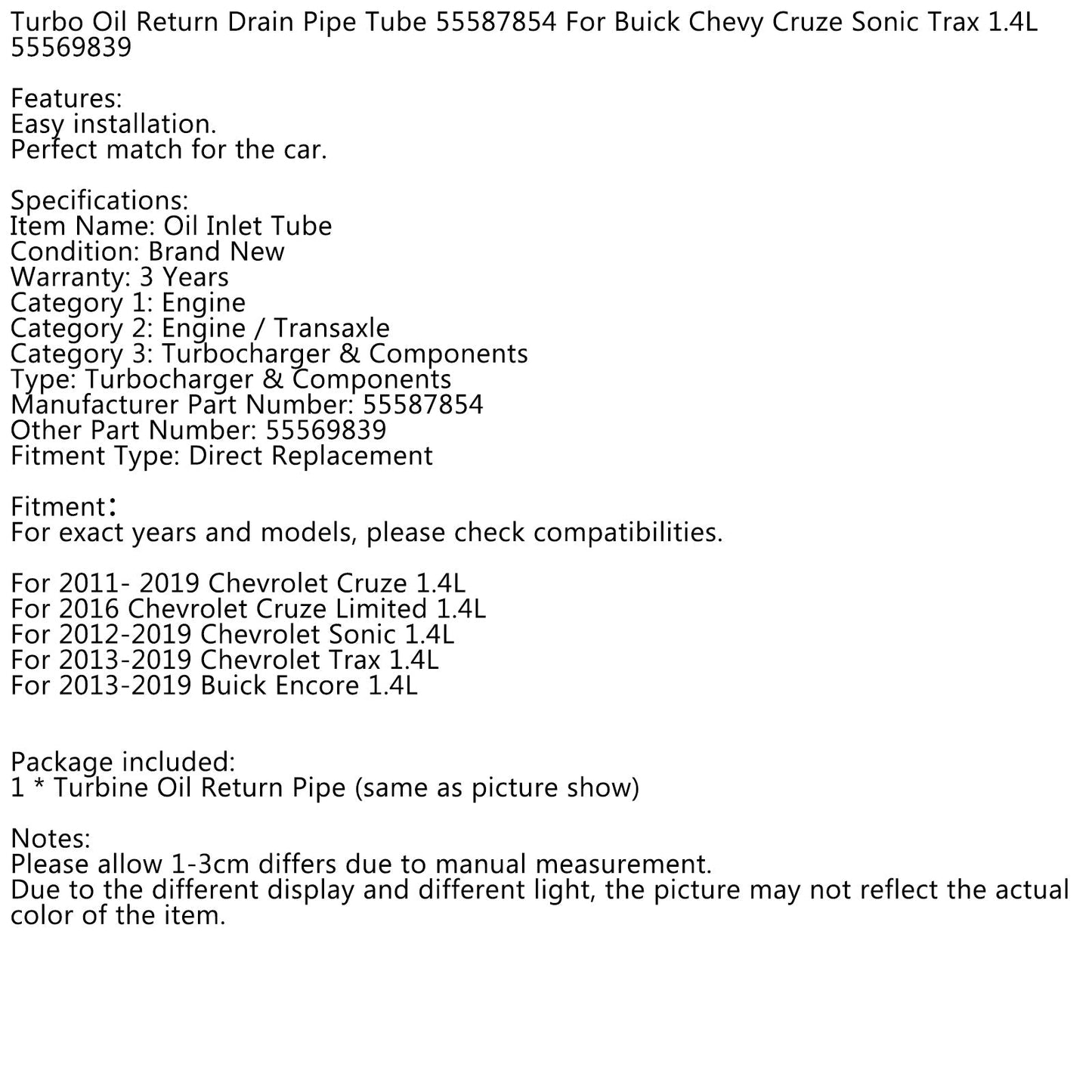 Buick Chevy Cruze Sonic Trax 1.4L 55569839 Turbo Oil Return Drain Pipe Tube 55587854