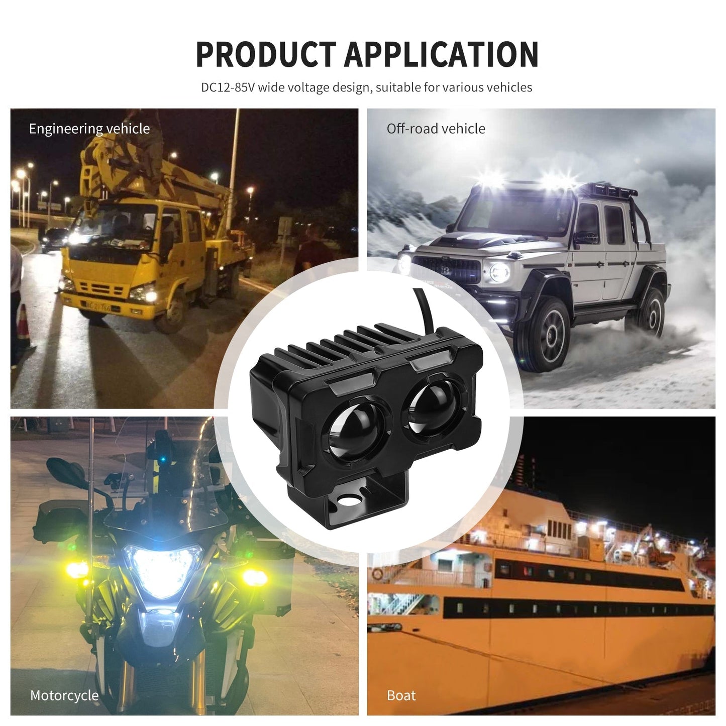 Phare de travail LED 12 V-85 V pour moto, phare avant carré, feu antibrouillard