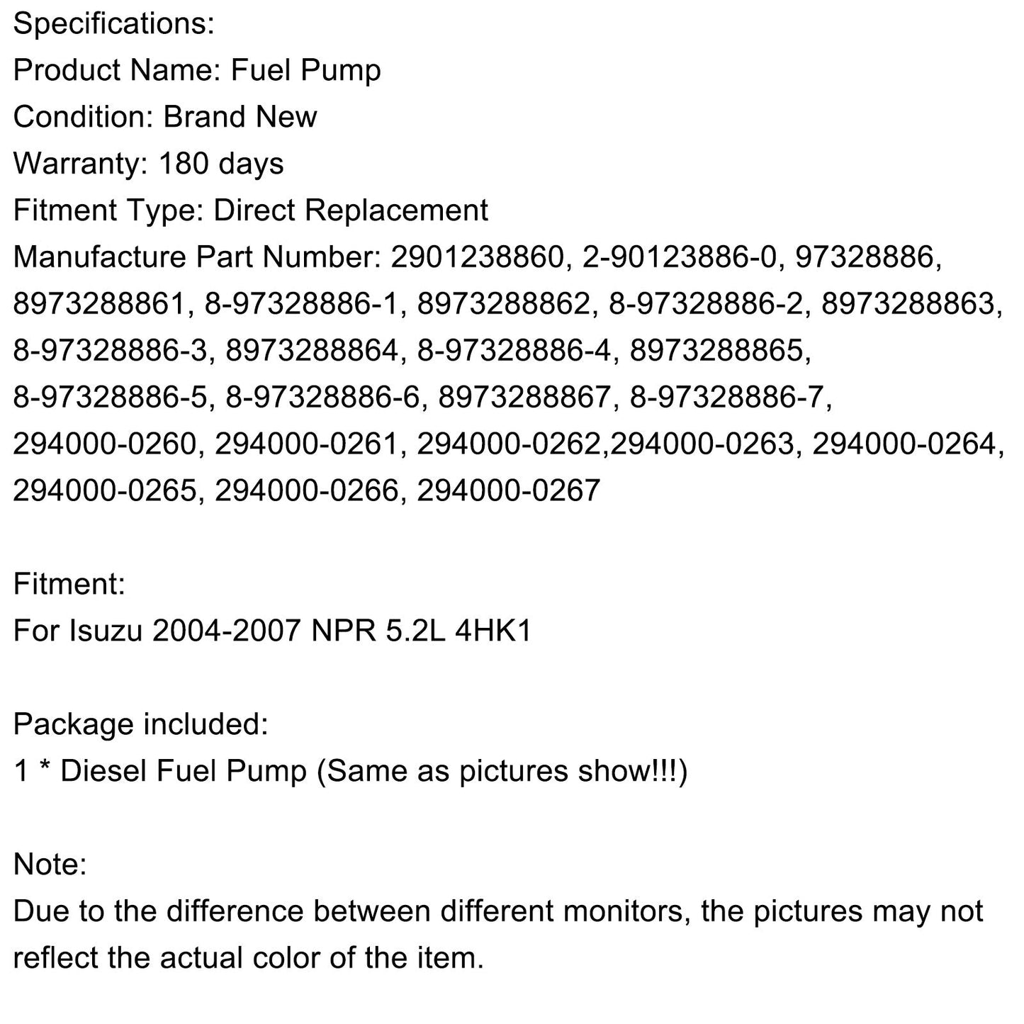 Isuzu 2004-2007 NPR 5.2L 4HK1 Diesel Fuel Pump 294000-0266 2901238860 97328886