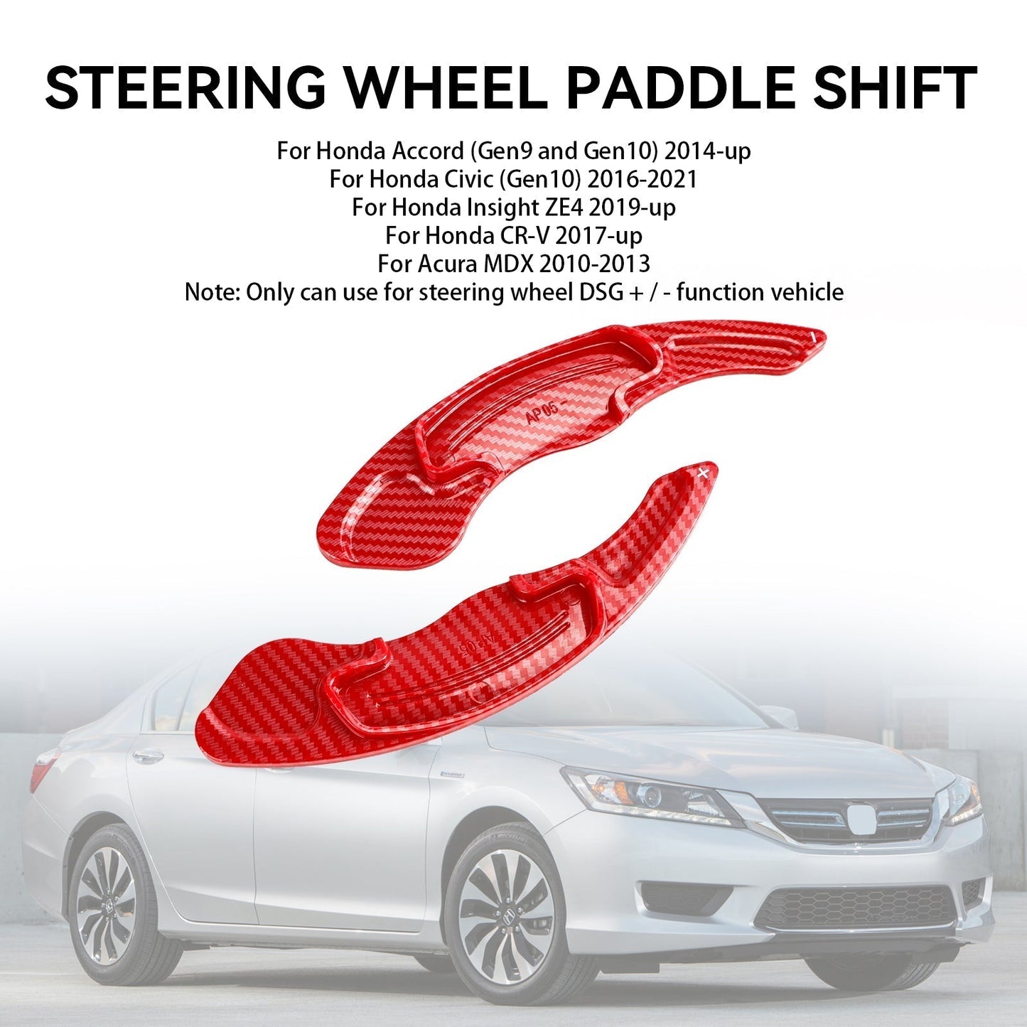 Extension de palettes de changement de vitesse au volant rouge pour Honda Civic Gen10 2016-2021 (2 pièces)