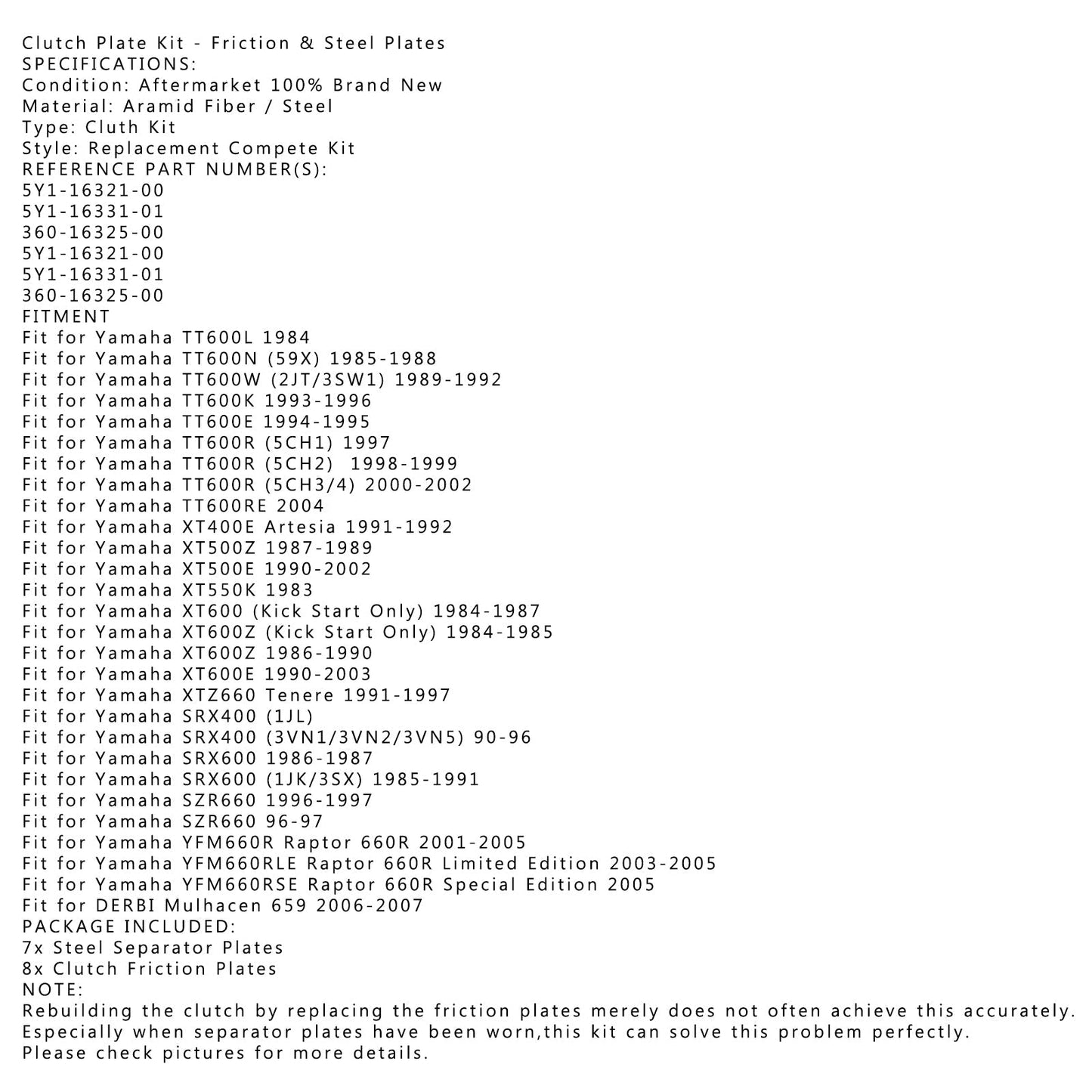 Clutch Kit Steel & Friction Plates fit for Yamaha TT600 XT400 XT500 XT600 SRX400