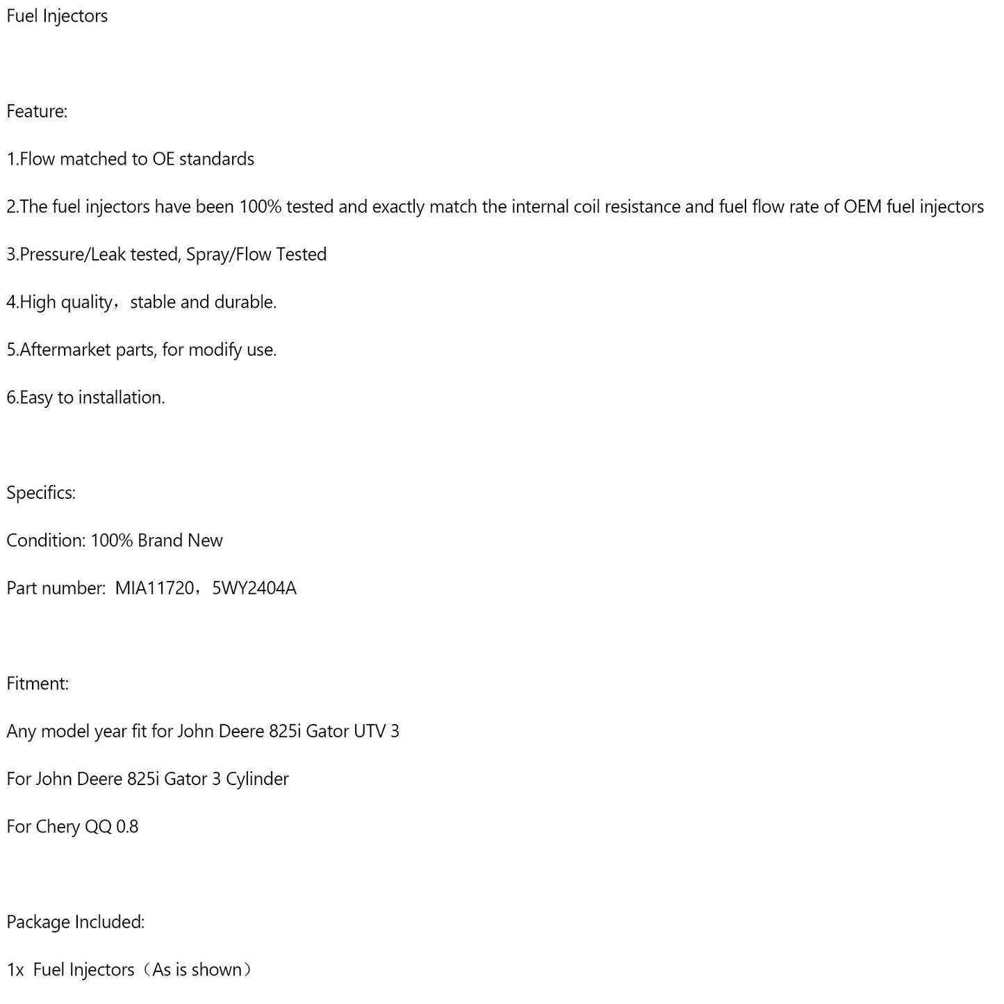Chery QQ 0.8 John Deere 825i Gator Fuel Injector MIA11720 35WY2404A