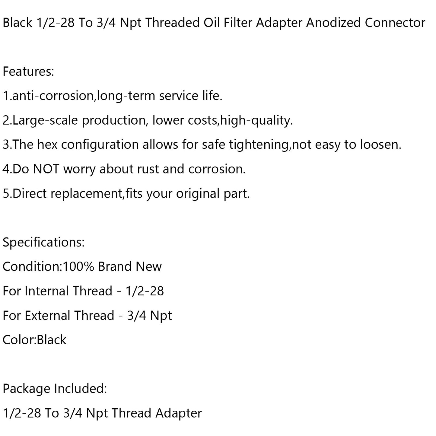 Adaptateur fileté pour filtre à huile 1/2-28 à 3/4 NPT, plus résistant que l'aluminium noir