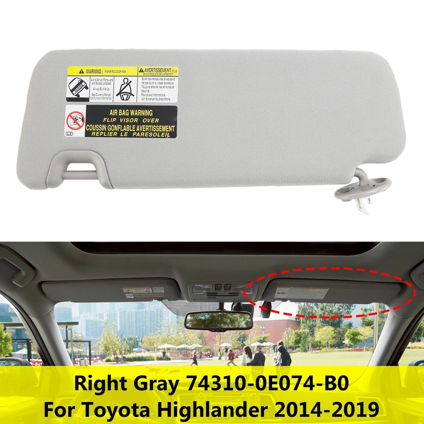 Pare-soleil droit avec vanité gris clair pour Toyota Highlander 2014-2019 74310-0E074-B0