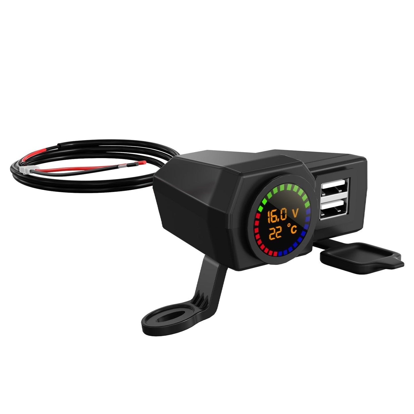 Medidor de voltaje QC3.0, soporte de carga para teléfono, medidor de temperatura para motocicleta, scooter, color negro