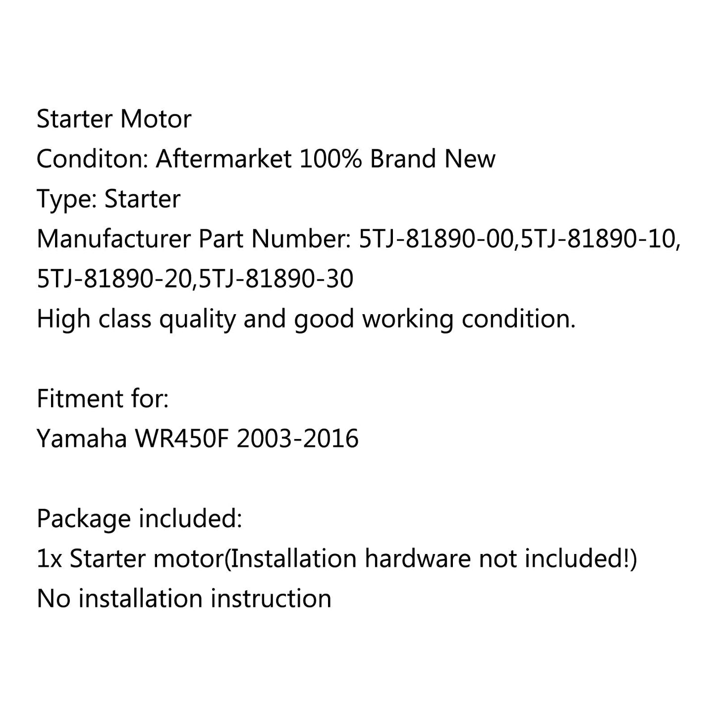 Arranque de motor 5TJ-81890-00 para Yamaha WR450F 2003-2006