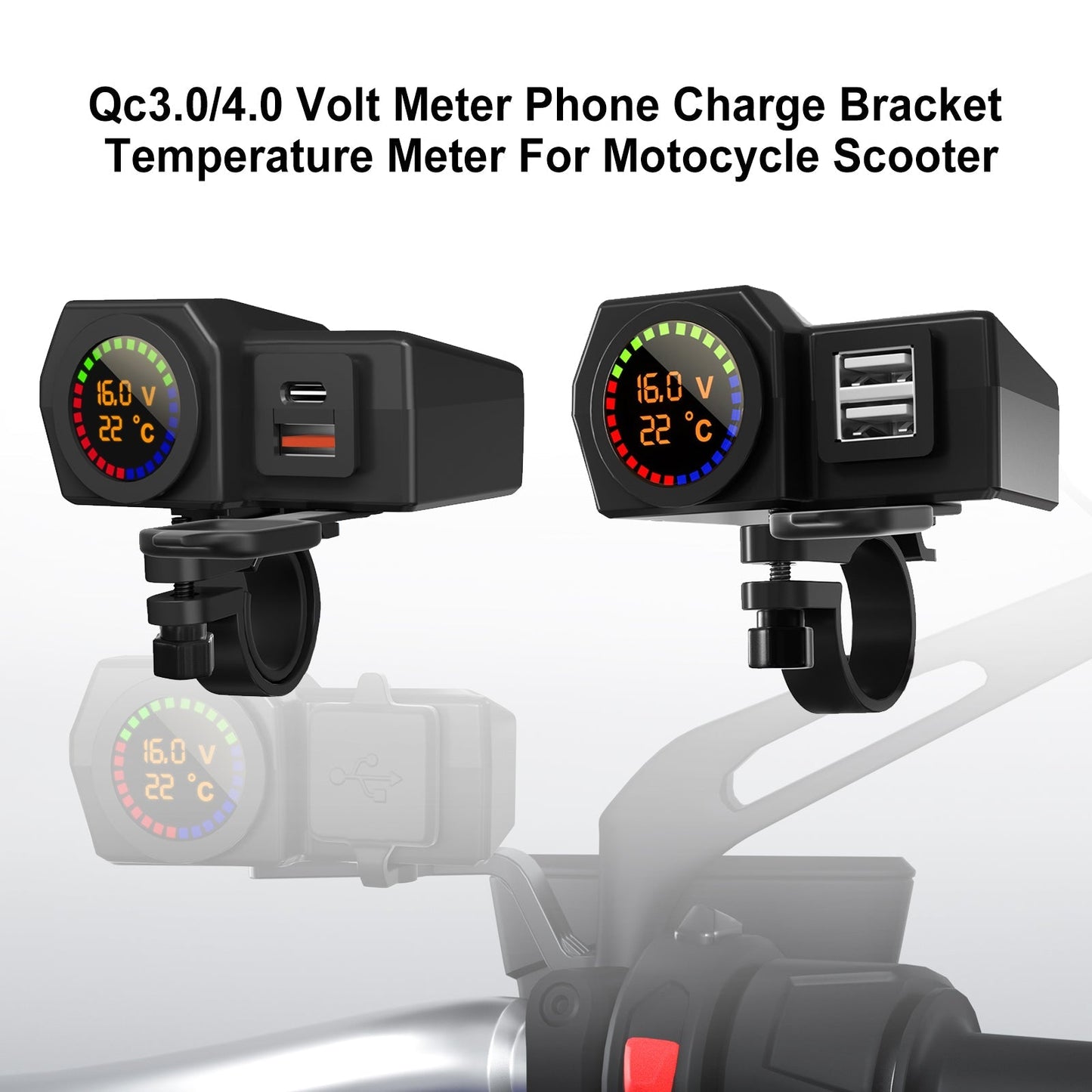Medidor de voltaje QC3.0, soporte de carga para teléfono, medidor de temperatura para motocicleta, scooter, color negro
