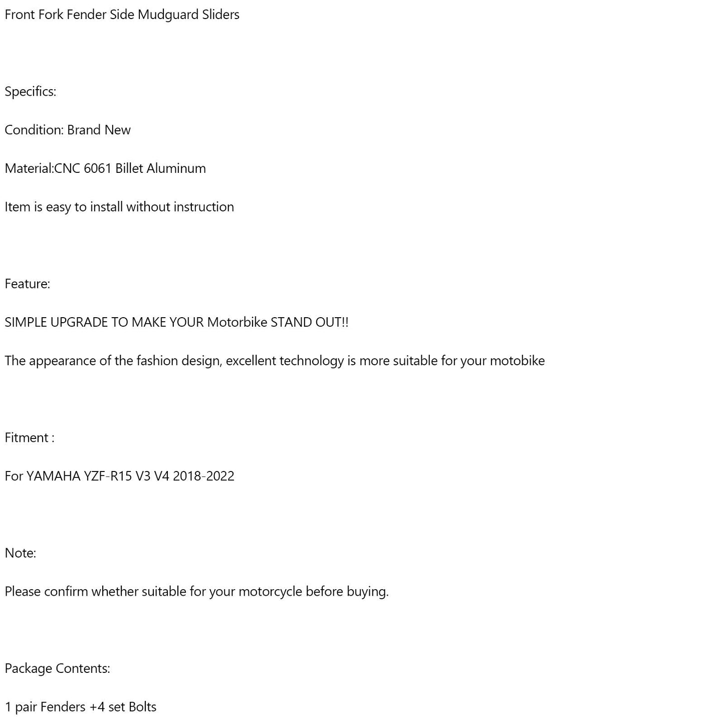 Guardabarros laterales y deslizadores de horquilla delantera CNC para Yamaha YZF-R15 V3 V4 2018-2022