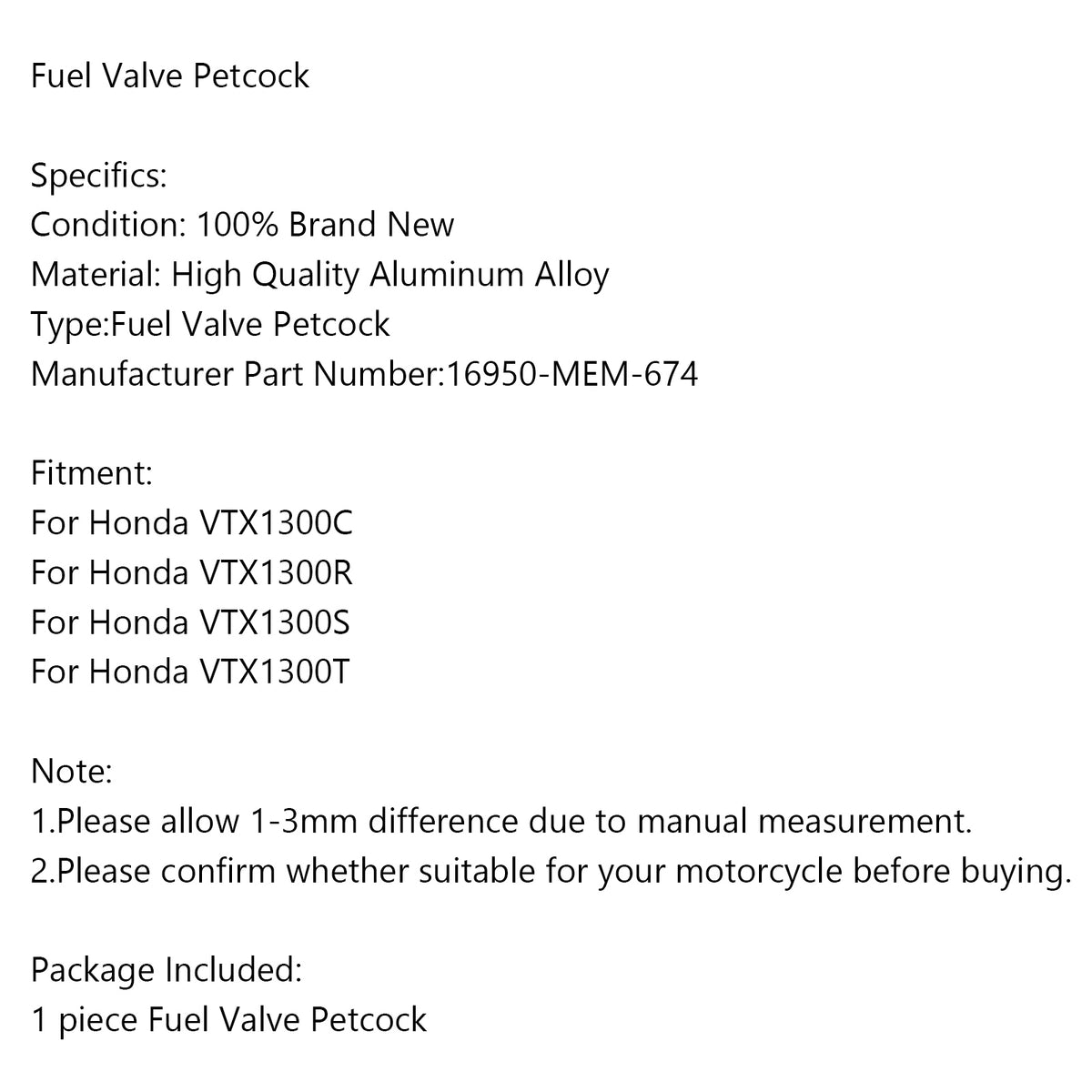 VTX1300C VTX1300R VTX1300S VTX1300T Honda 16950-MEM-674 Fuel Vacuum Petcock