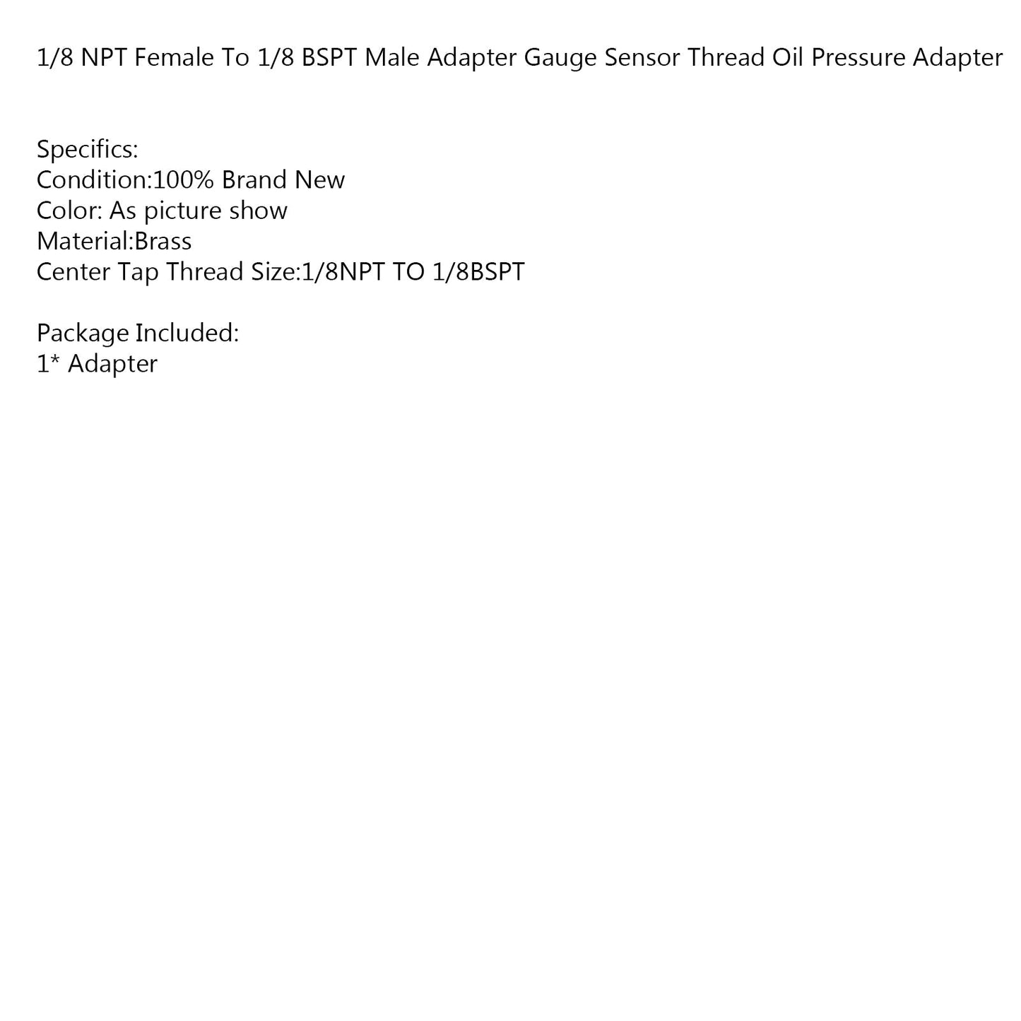 Adaptateur de pression d'huile pour manomètre, filetage femelle 1/8 NPT vers mâle 1/8 BSPT
