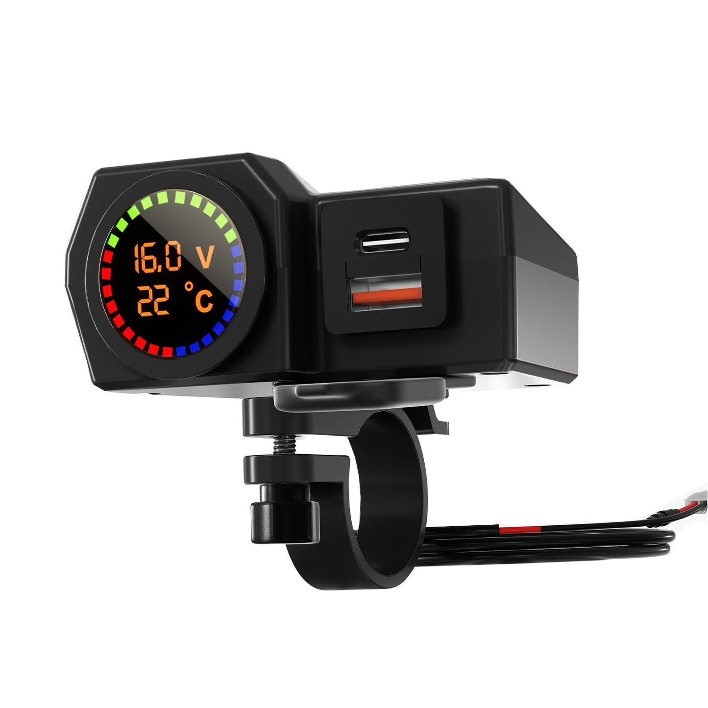 Medidor de voltaje QC3.0, soporte de carga para teléfono, medidor de temperatura para motocicleta, scooter, color negro