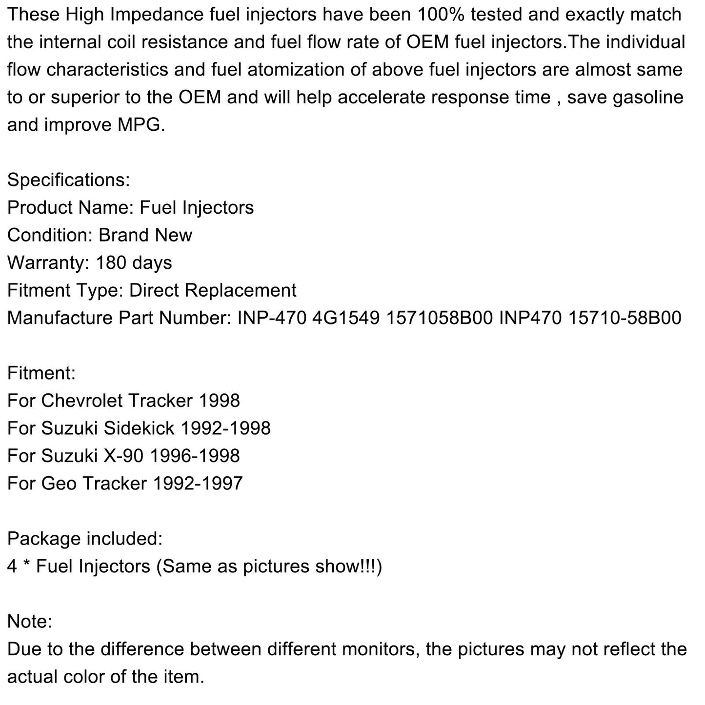 Inyectores de combustible 4G1549 1571058B00 INP470 compatibles con Suzuki Sidekick 1992-1998
