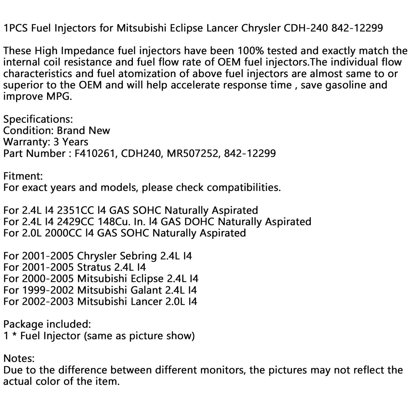 F410261 MR507252 842-12299 1 inyector de combustible para Mitsubishi Eclipse Lancer Chrysler CDH-240 842-12299