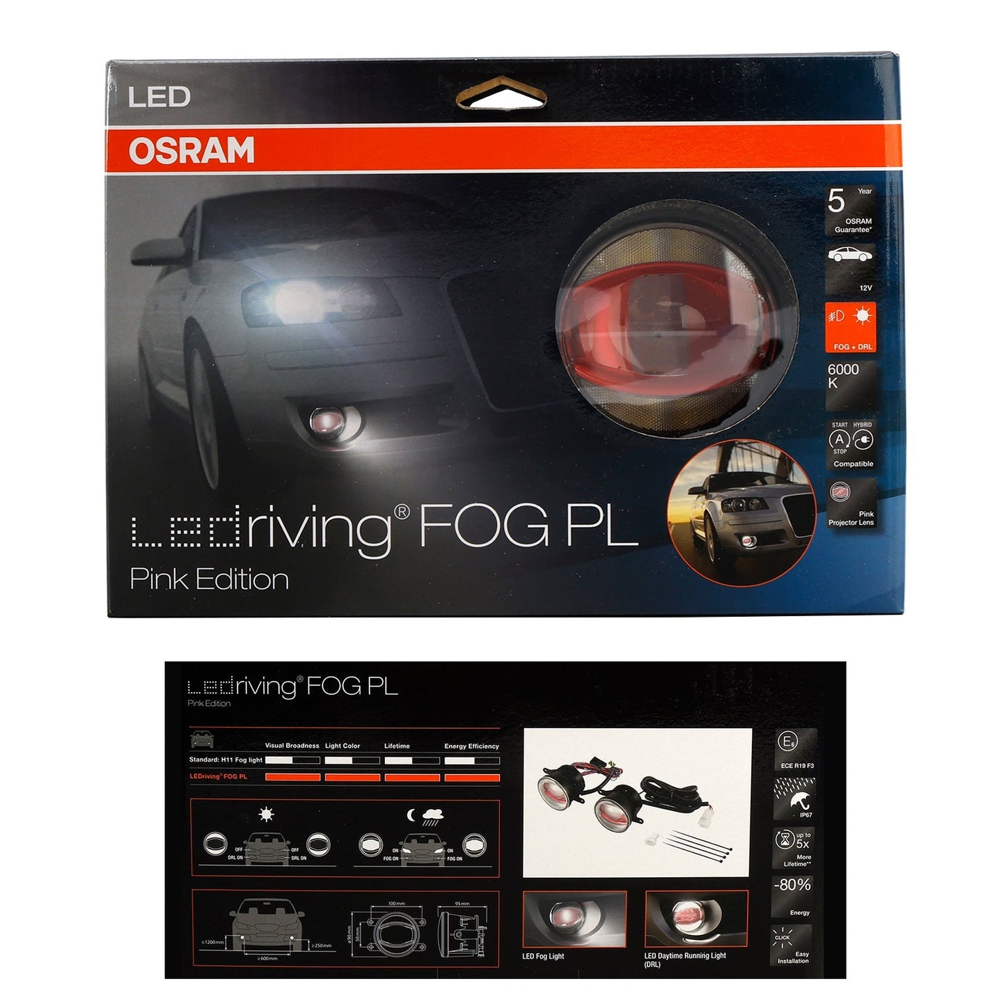 Phare de voiture OSRAM Ledtiving FOG DRL Édition rose 90 mm 6 000 K LED FOG103-Rose