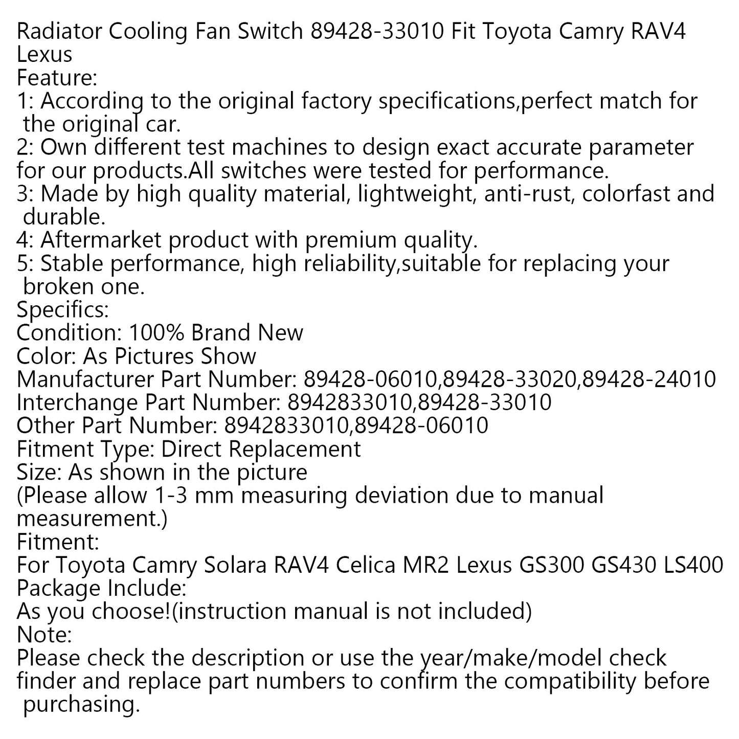 Interrupteur de ventilateur de refroidissement de radiateur 89428-33010 pour Toyota Camry RAV4 Lexus