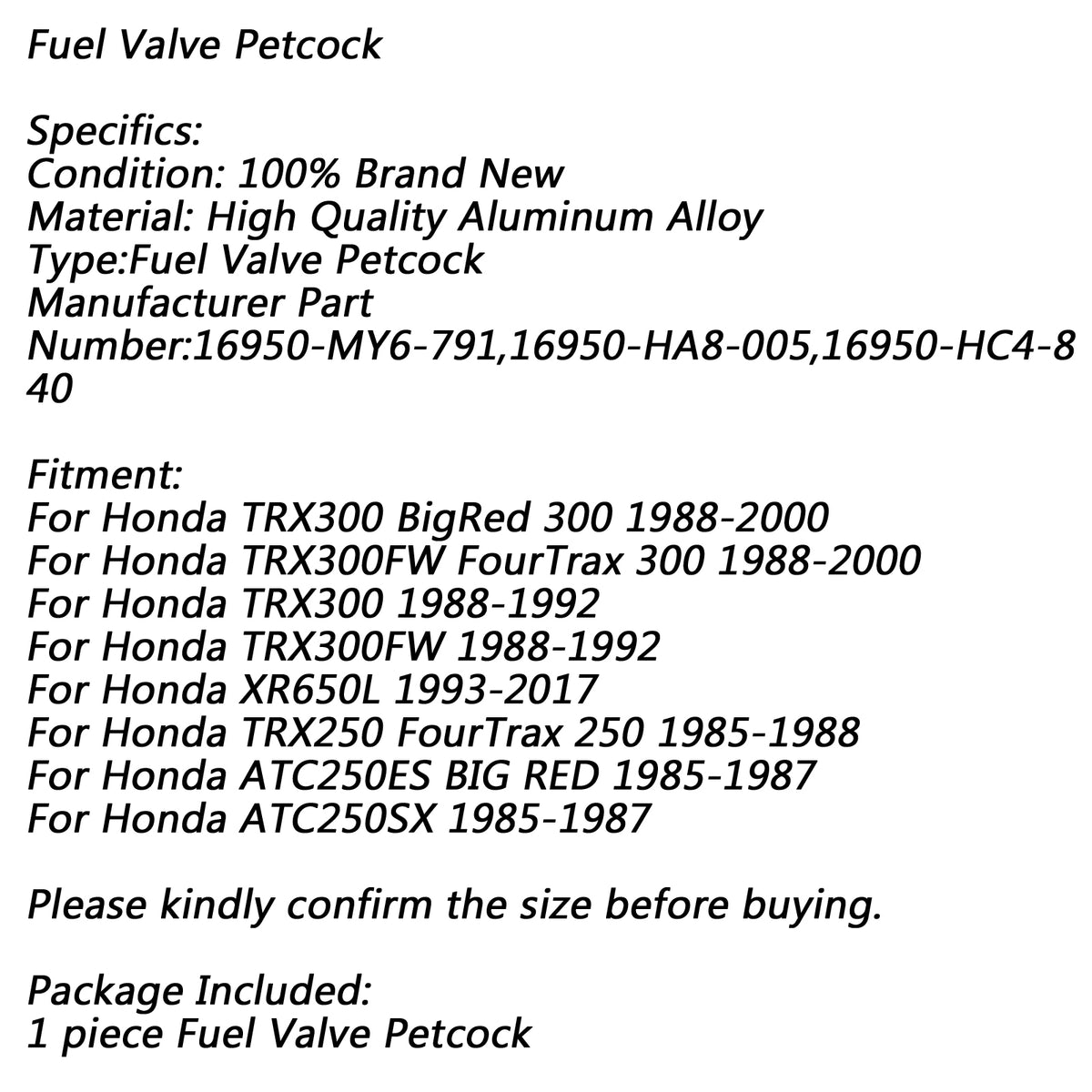 Honda TRX300 250 XR650L ATC250 16950-MY6-791 Gas Fuel Petrol Valve Petcock