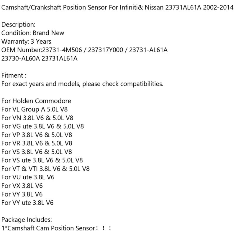 Sensor de posición del árbol de levas/cigüeñal para Infiniti y Nissan 23731AL61A 2002-2014