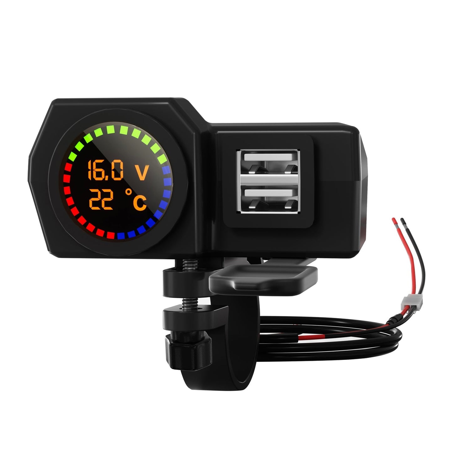 Medidor de voltaje QC3.0, soporte de carga para teléfono, medidor de temperatura para motocicleta, scooter, color negro