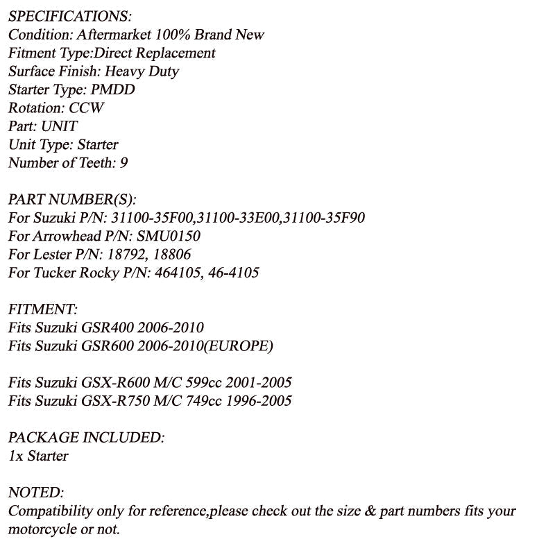 Electric Starter Motor 31100-35F00 for Suzuki GSR400 GSR600 2006-2010 GSXR750 Assosary