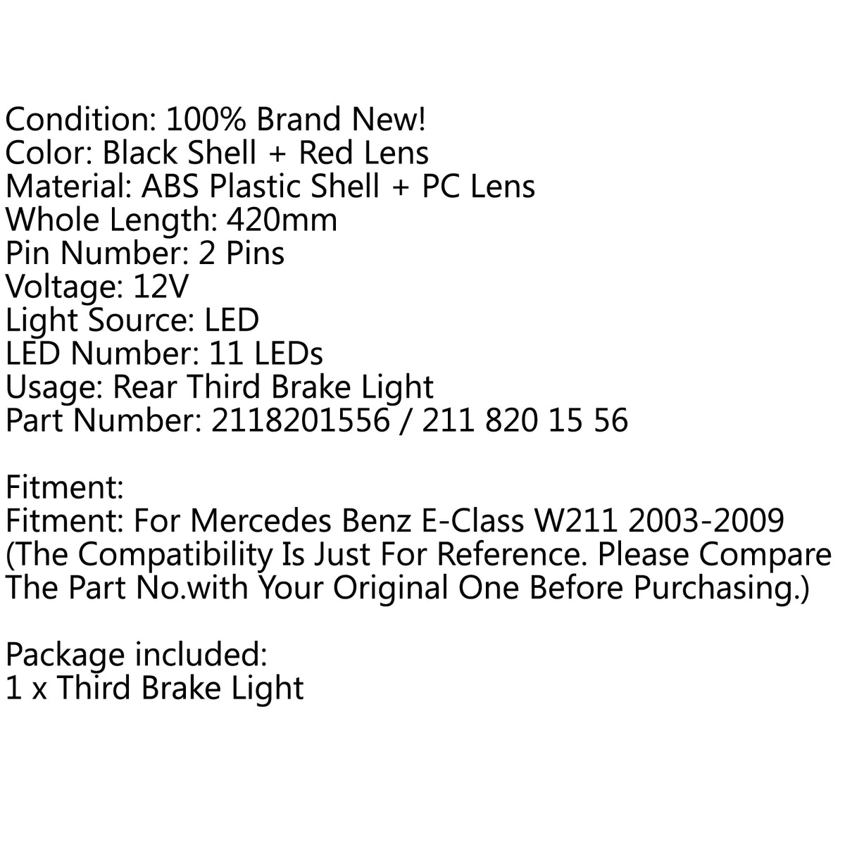 2003-2009 E-Class W211 Benz Areyourshop Led Rear Tail Third 3Rd Stop Brake Light Lamp