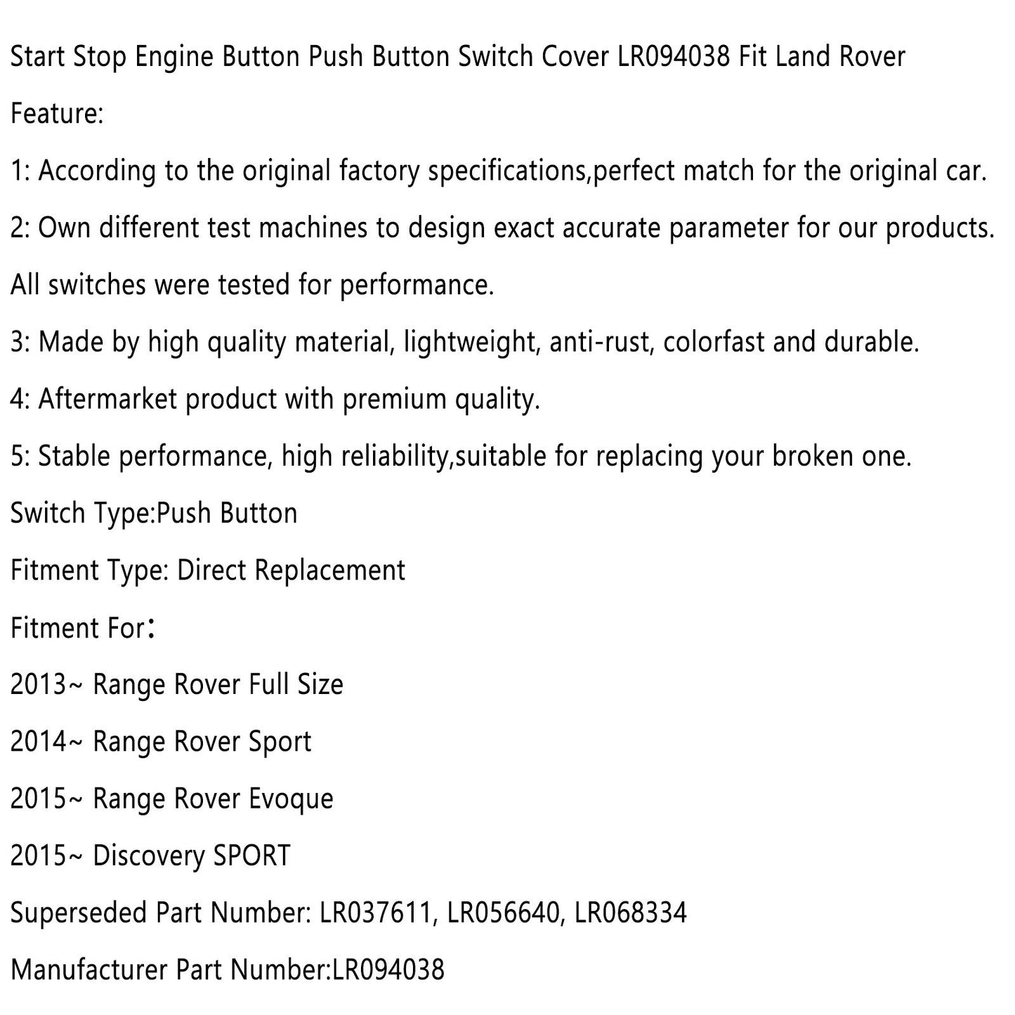 Couvercle de commutateur de bouton poussoir de démarrage et d'arrêt du moteur LR094038 pour Land Rover SPORT