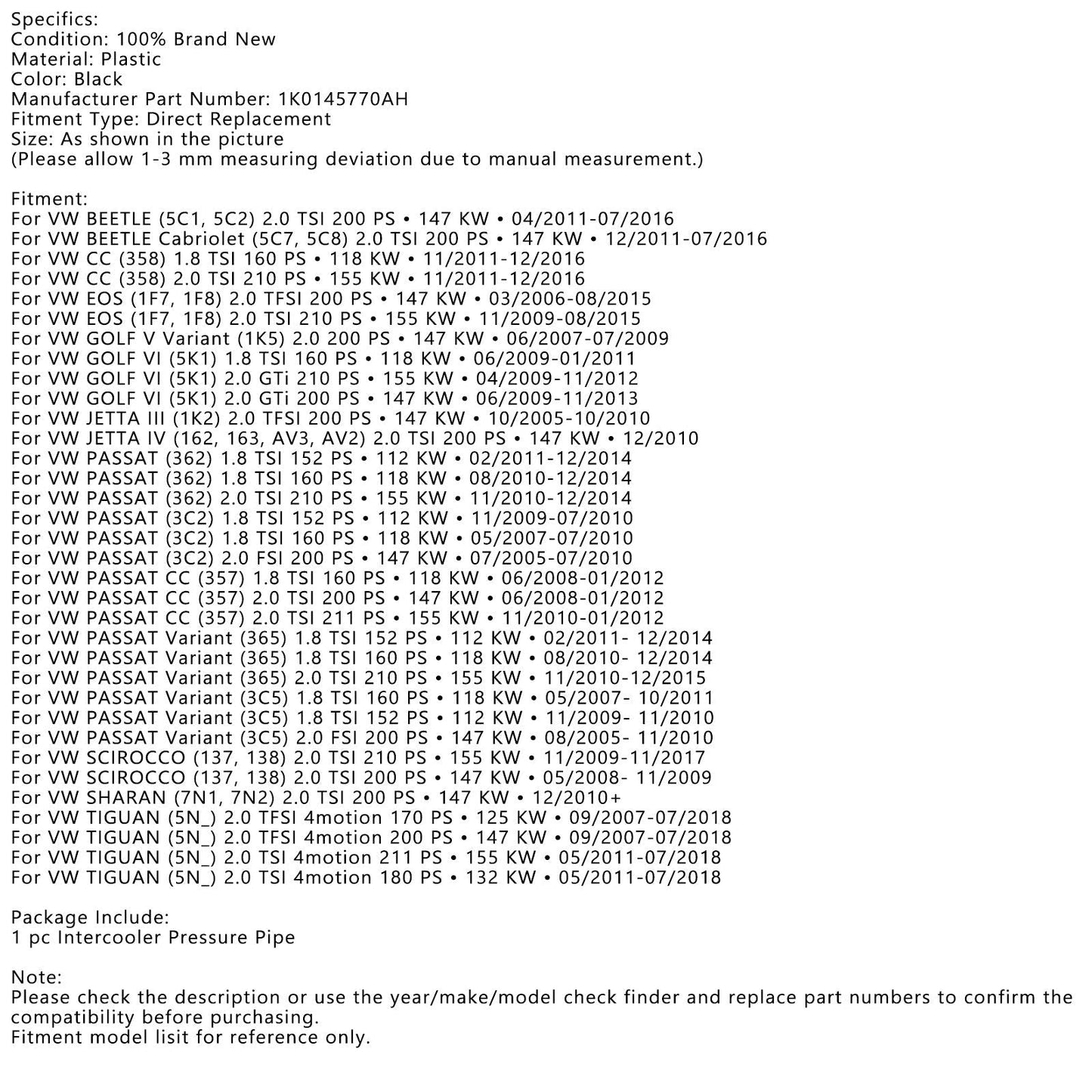Intercooler Pressure Pipe For VW TIGUAN PASSAT Variant 3C5 362 MK6 2008-2013
