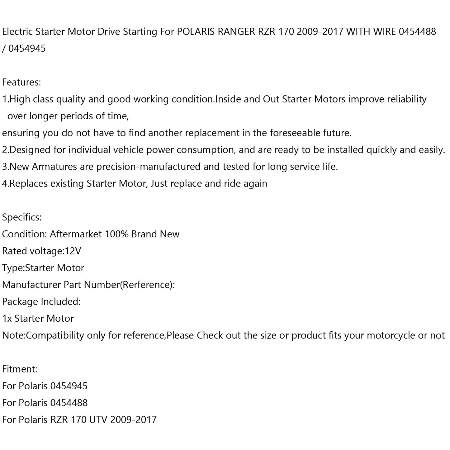 Motor de arranque eléctrico con cable para Polaris RZR 170 UTV 2009-17 0454488 0454945