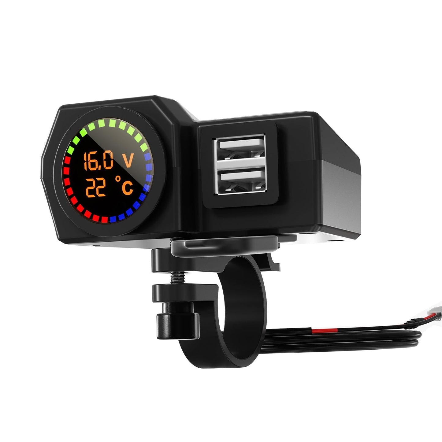Medidor de voltaje QC3.0, soporte de carga para teléfono, medidor de temperatura para motocicleta, scooter, color negro