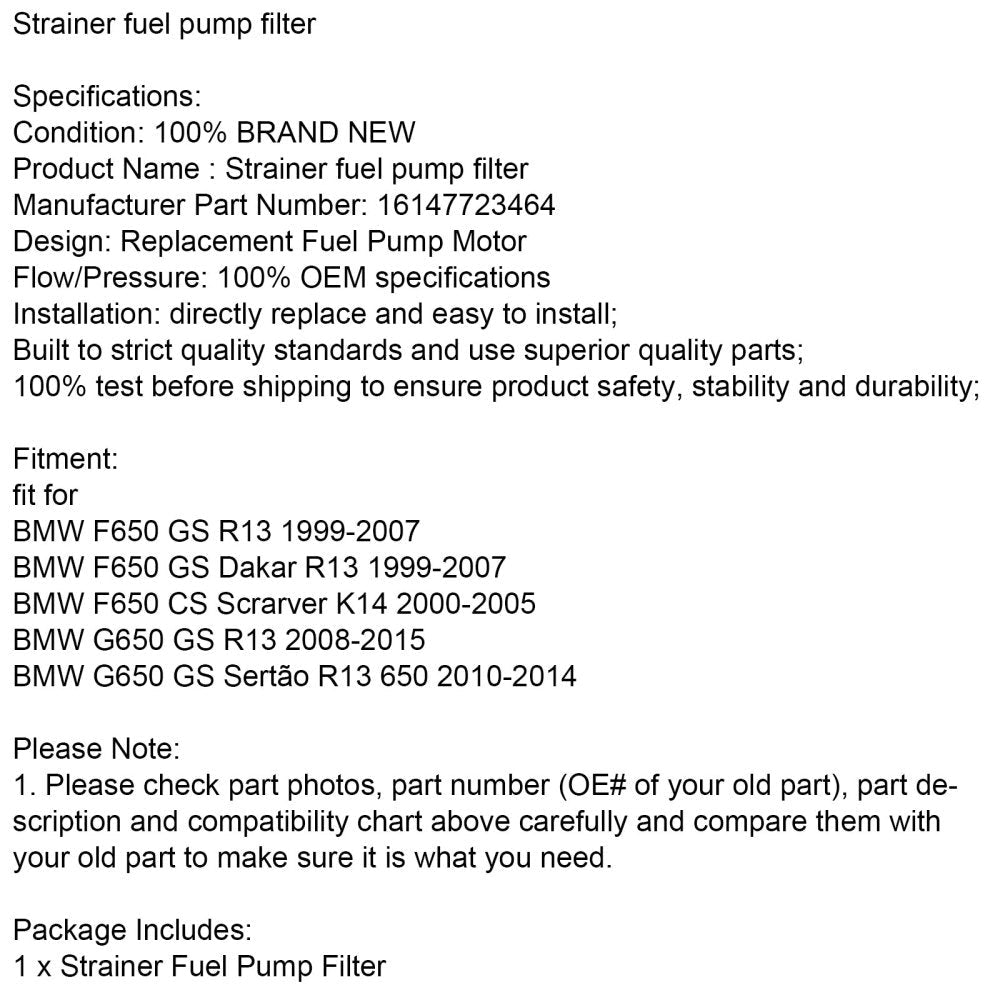 Filtre à carburant pour BMW F650GS, G650GS, R13, K14, Scarver (1999-2015)