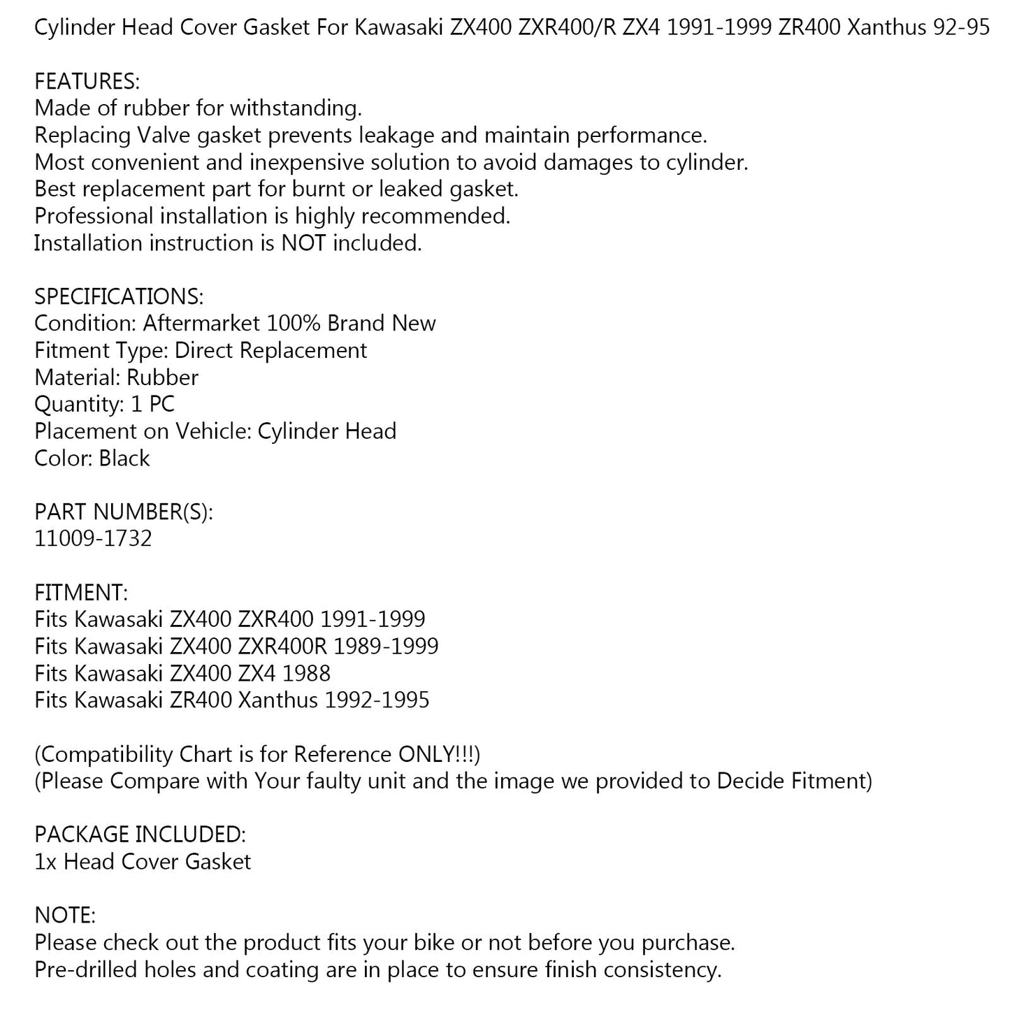 Junta de tapa de culata para Kawasaki ZX400, ZXR400, ZX-4, ZR400, n.º 11009-1732