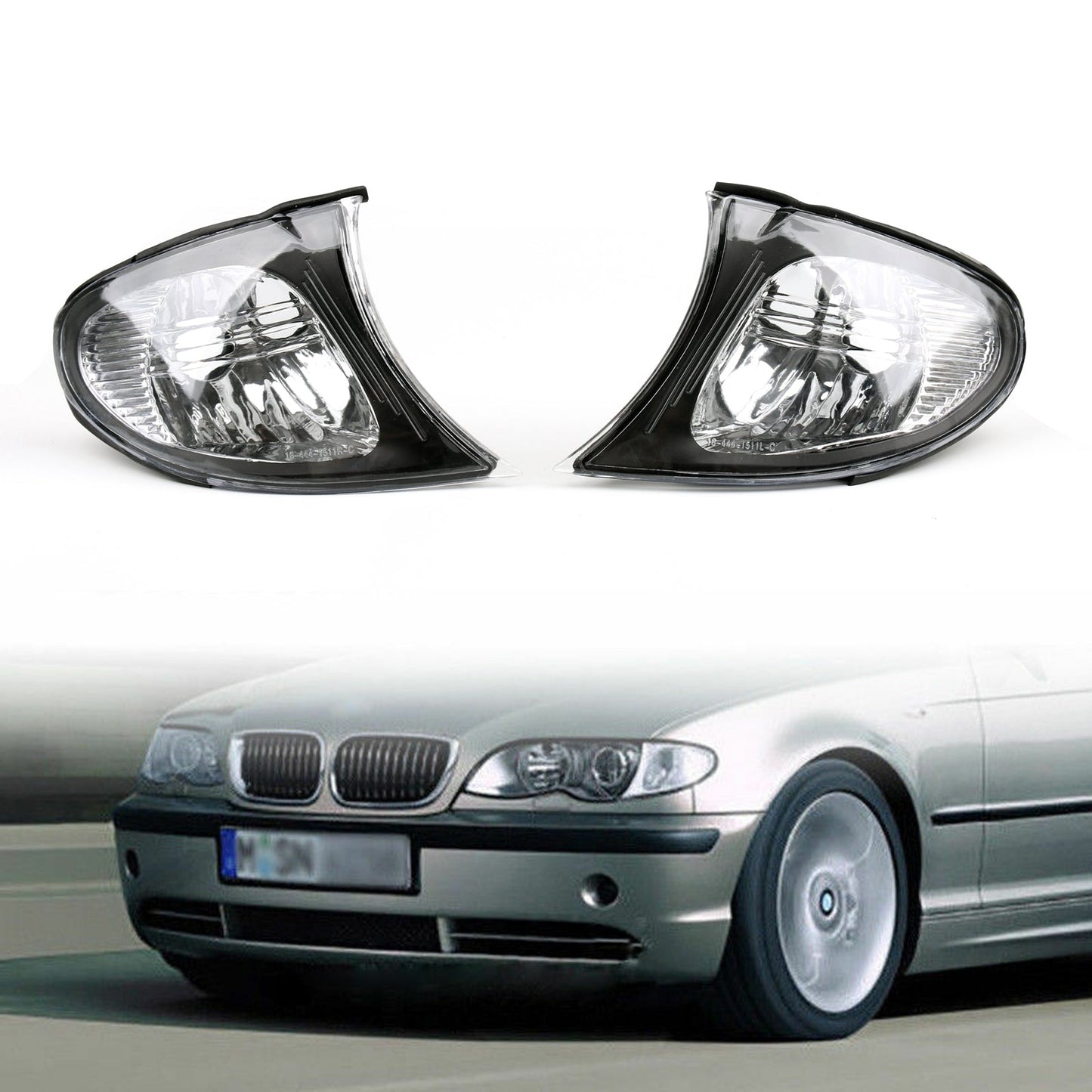 Feux d'angle européens pour BMW Série 3 E46 4 portes 02-05 - Transparents avec garniture fumée