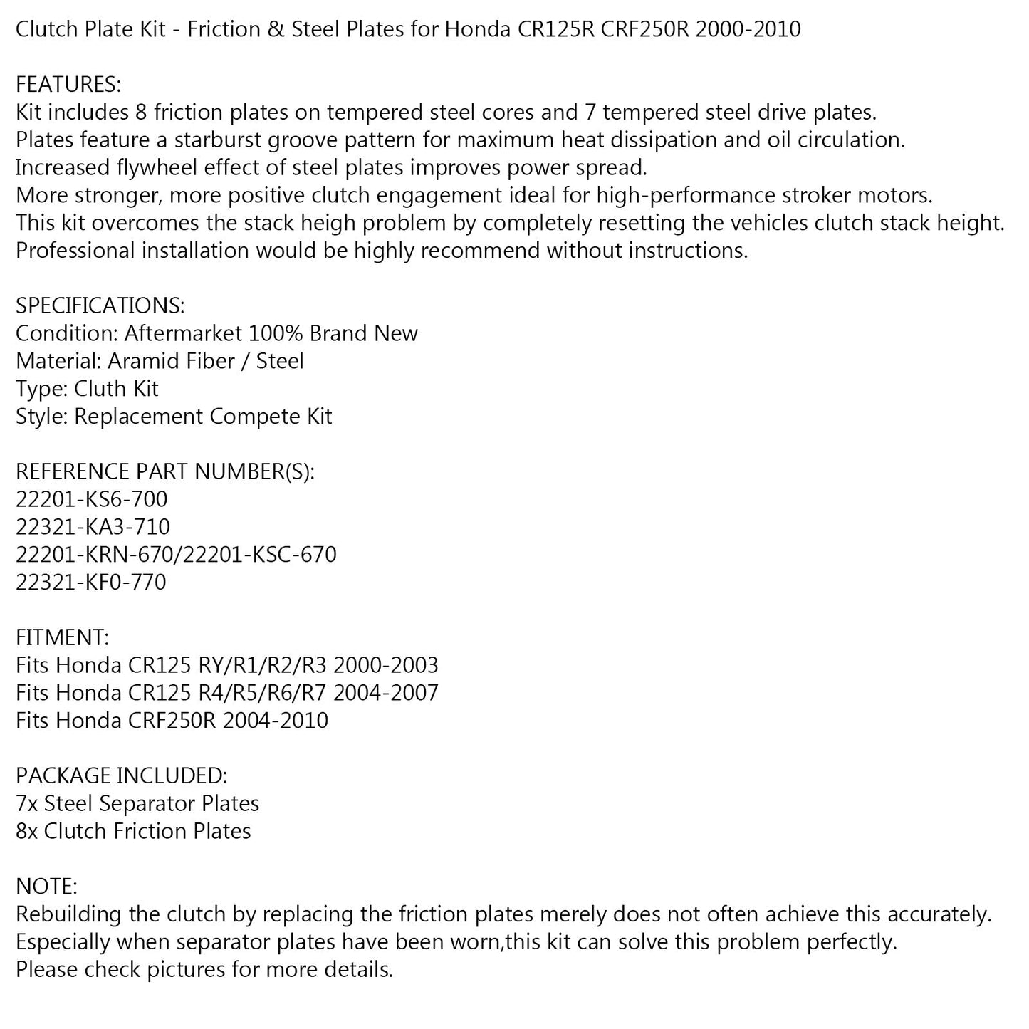 Clutch Kit Steel & Friction Plates for Honda CR 125 R CRF 250 R 2000-2010