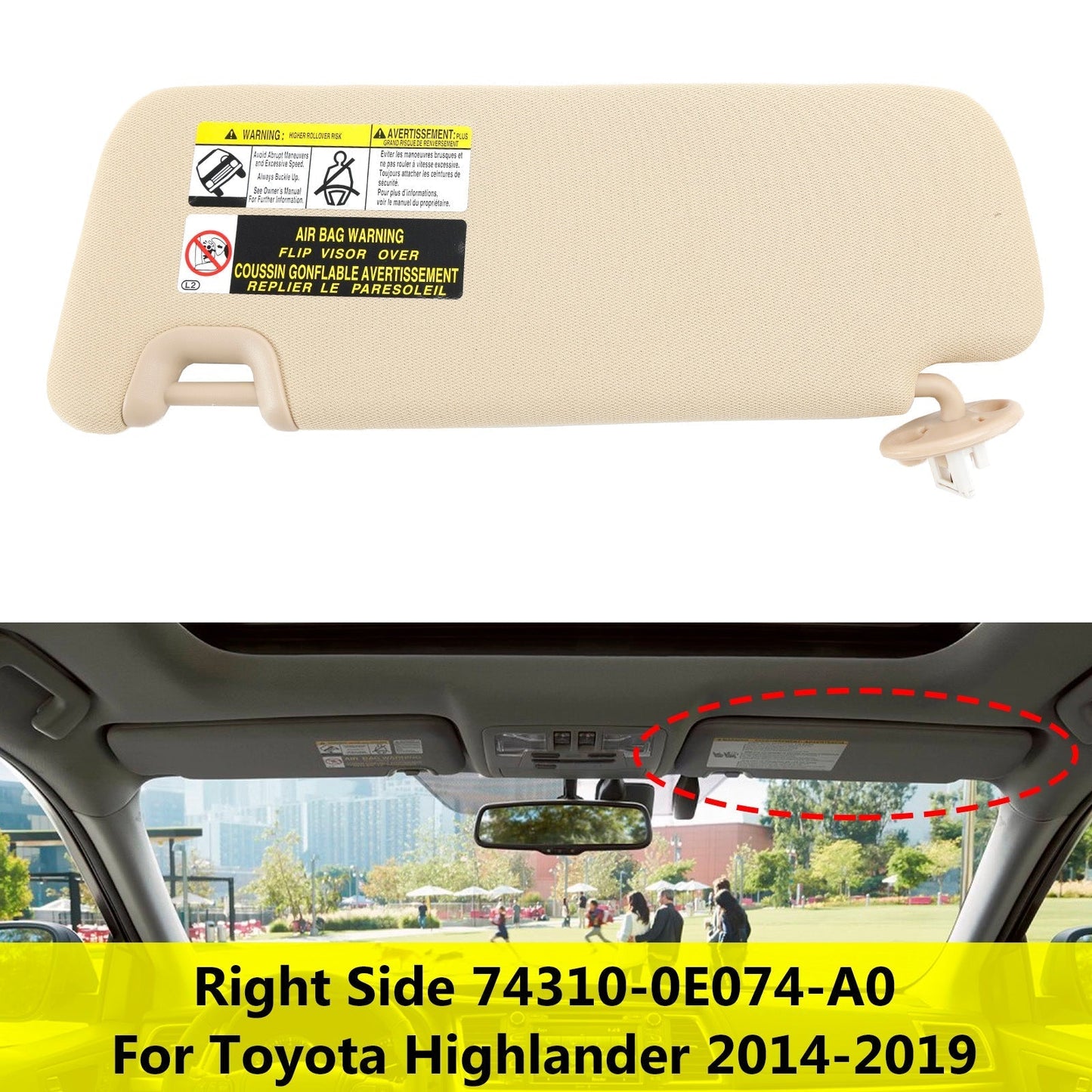Pare-soleil droit avec éclairage de courtoisie pour Toyota Highlander 2014-2019 74310-0E074-A0