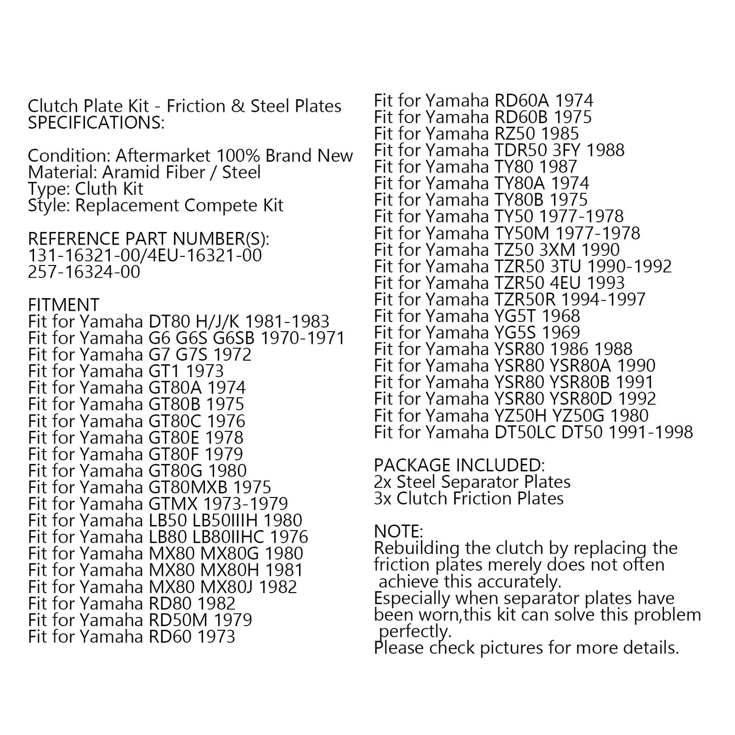 Kit de embrague de acero y placas de fricción para Yamaha YSR80 TZR50 TY50 MX80 GT80