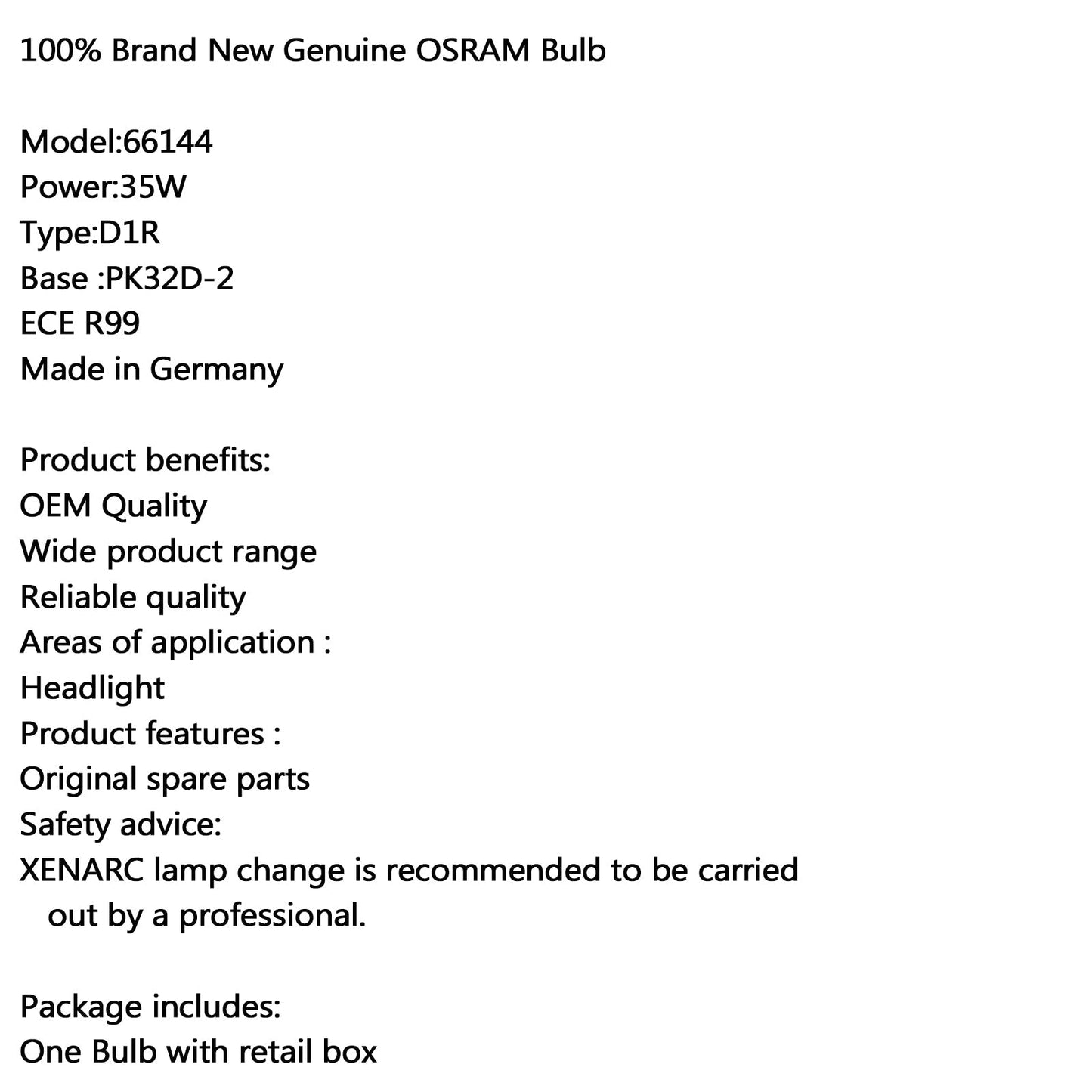 Nueva lámpara de faro de xenón HID original OSRAM Xenarc D1S 66144 de 4300 K.
