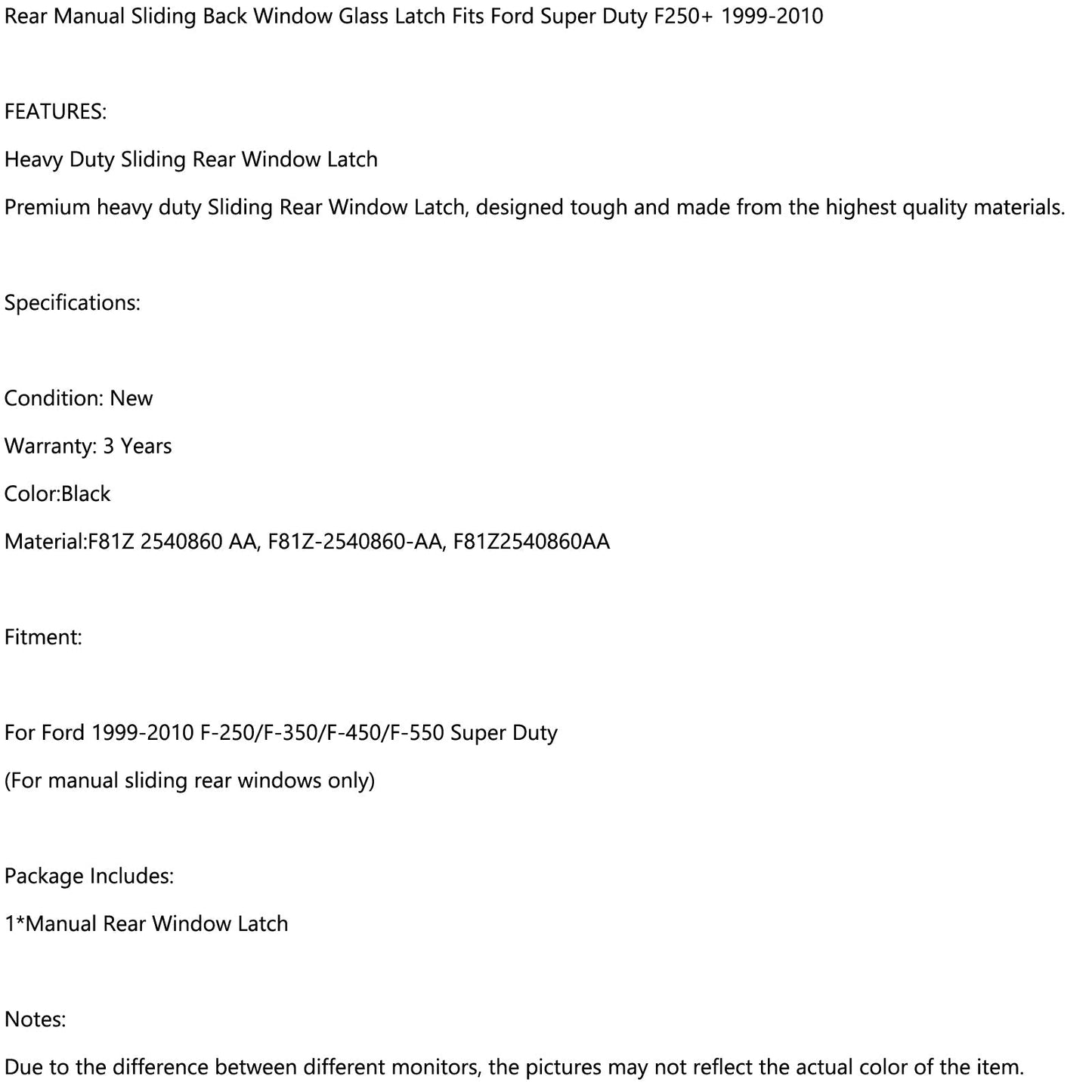 For Ford Super Duty F250+ 1999-2010 Rear Manual Sliding Back Window Glass Latch