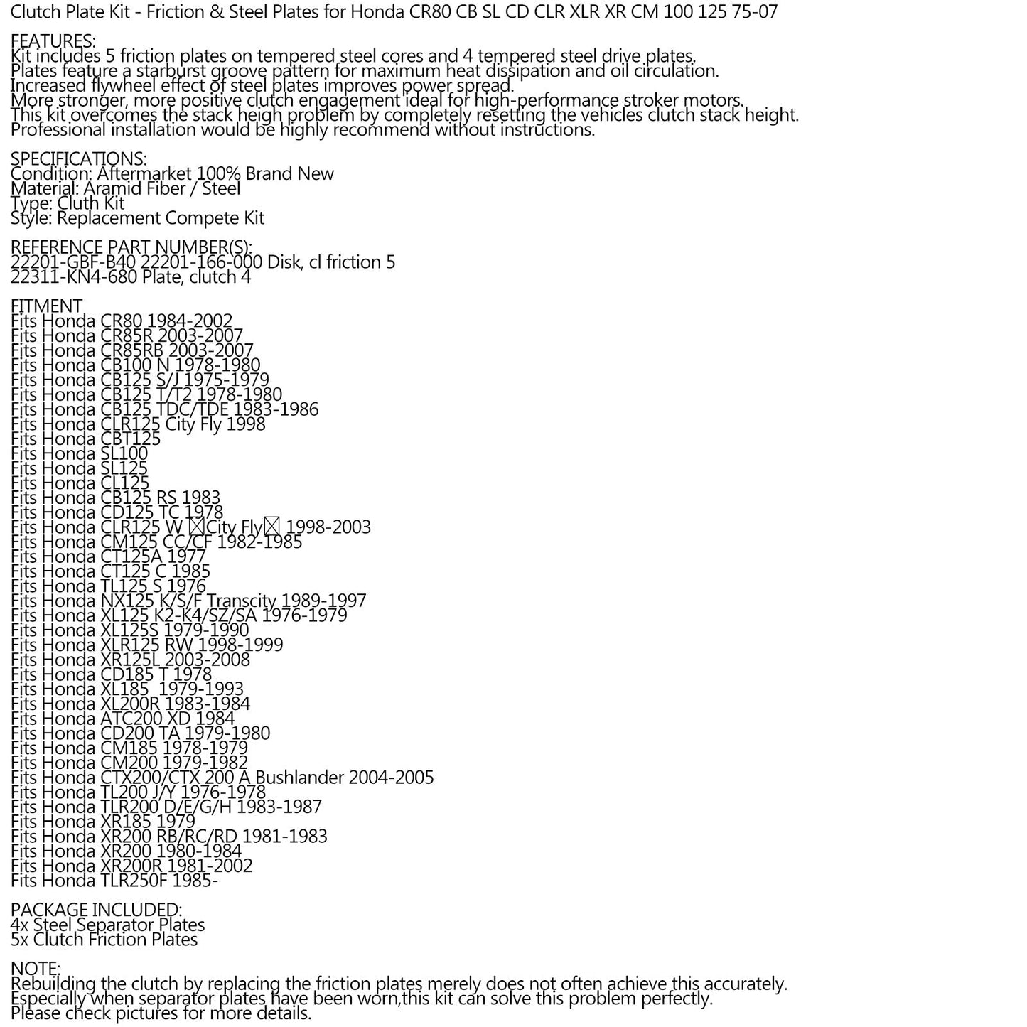 Kit de embrague de acero y discos de fricción para Honda CR80 CB SL CD CLR XLR XR CM 100 125